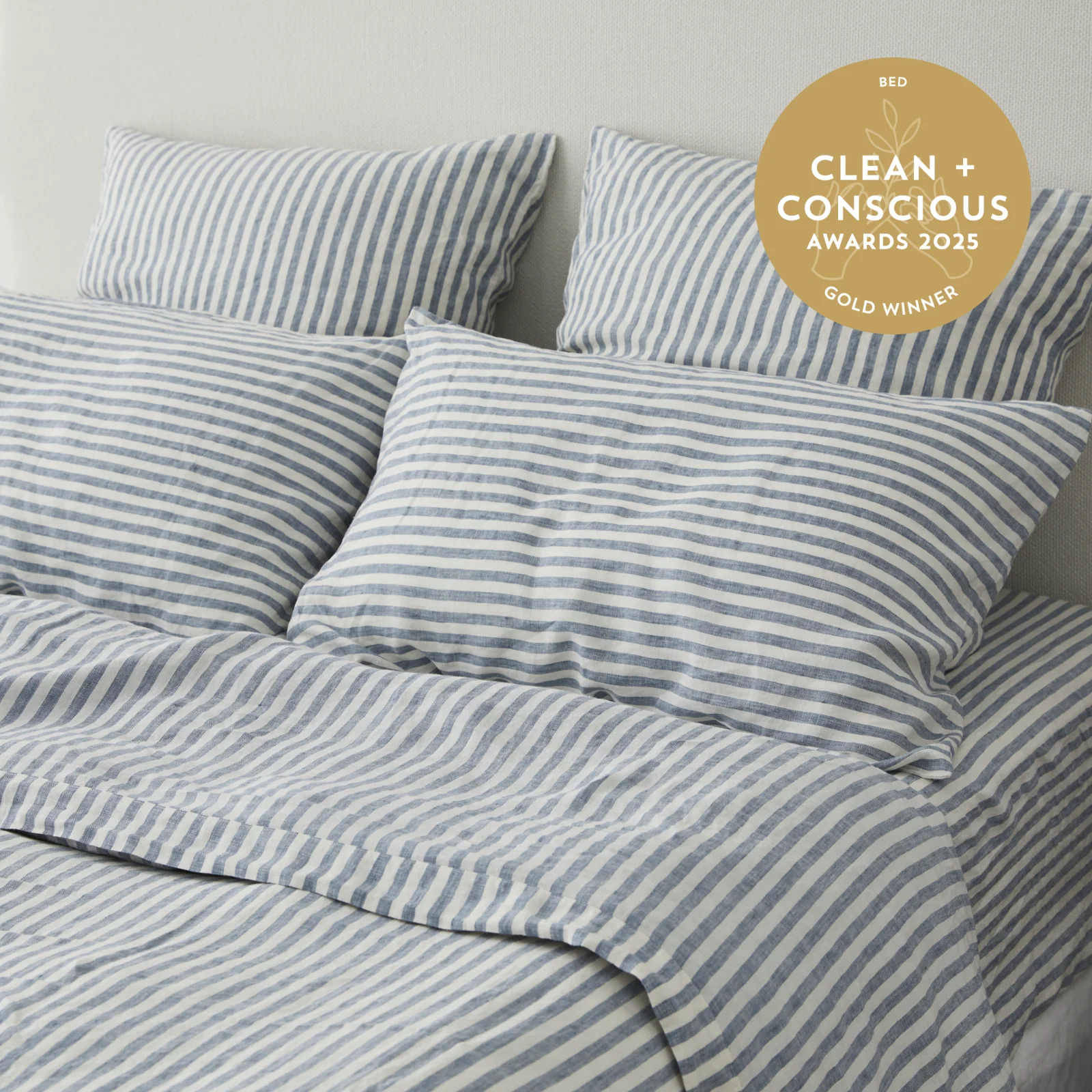 French Flax Linen Pillowcase Set in Marine Blue Stripe - Image 6