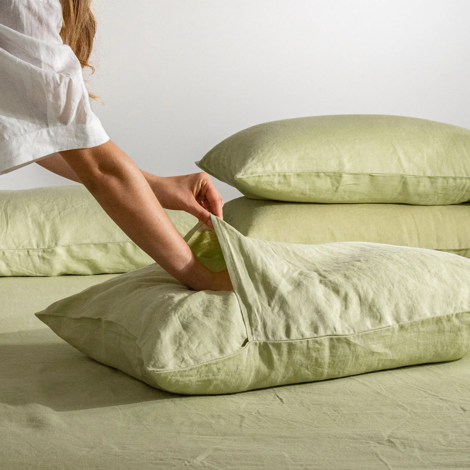 French Flax Linen Pillowcase Set in Matcha - Image 5