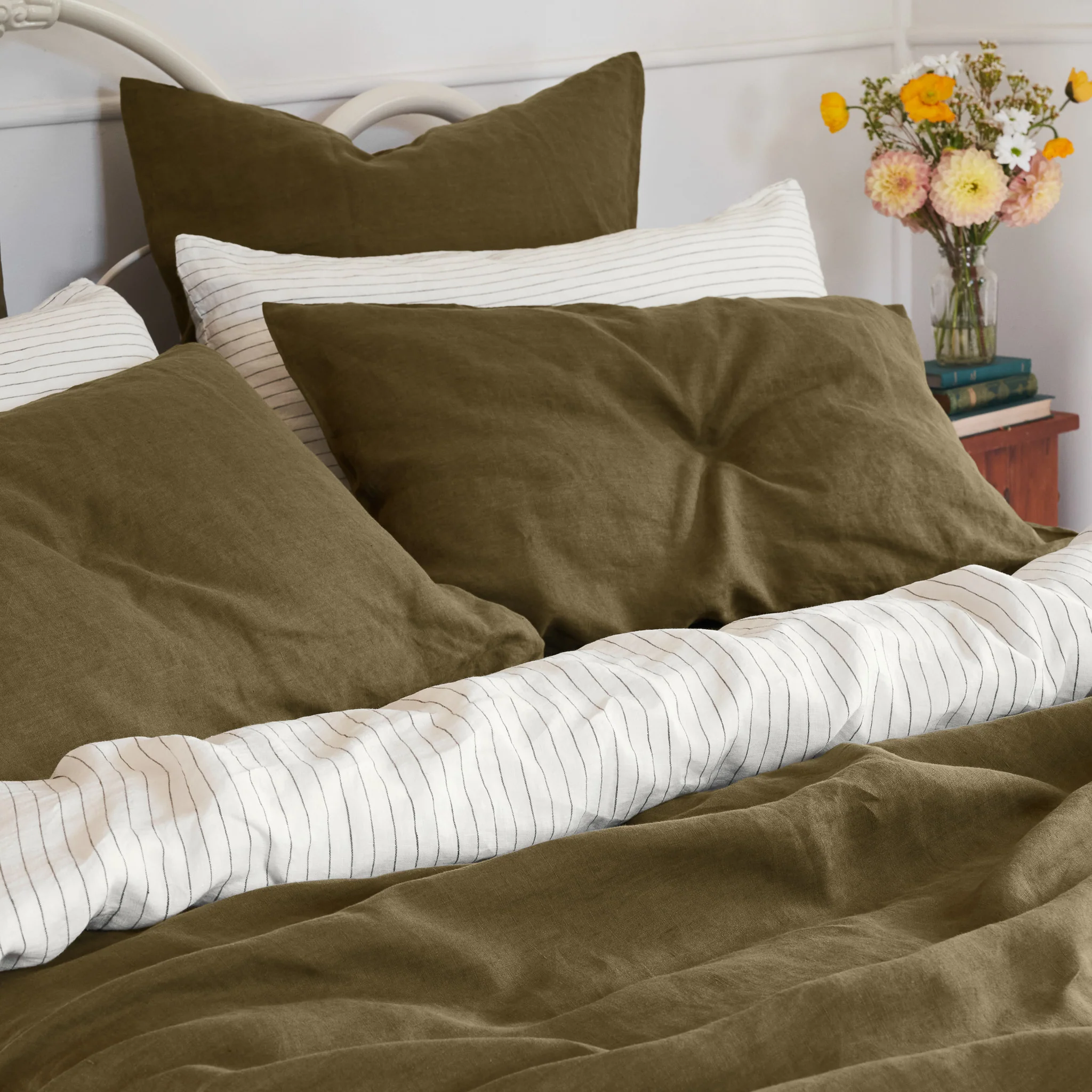 French Flax Linen Pillowcase Set in Olive - Image 8