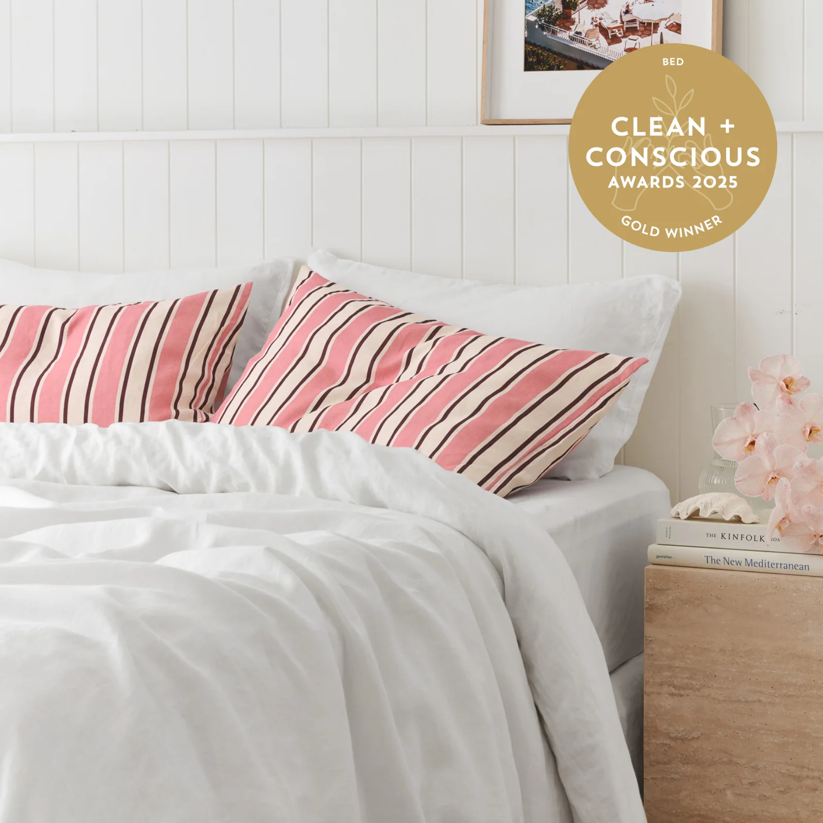 French Flax Linen Pillowcase Set in Pink Stripe - Image 5