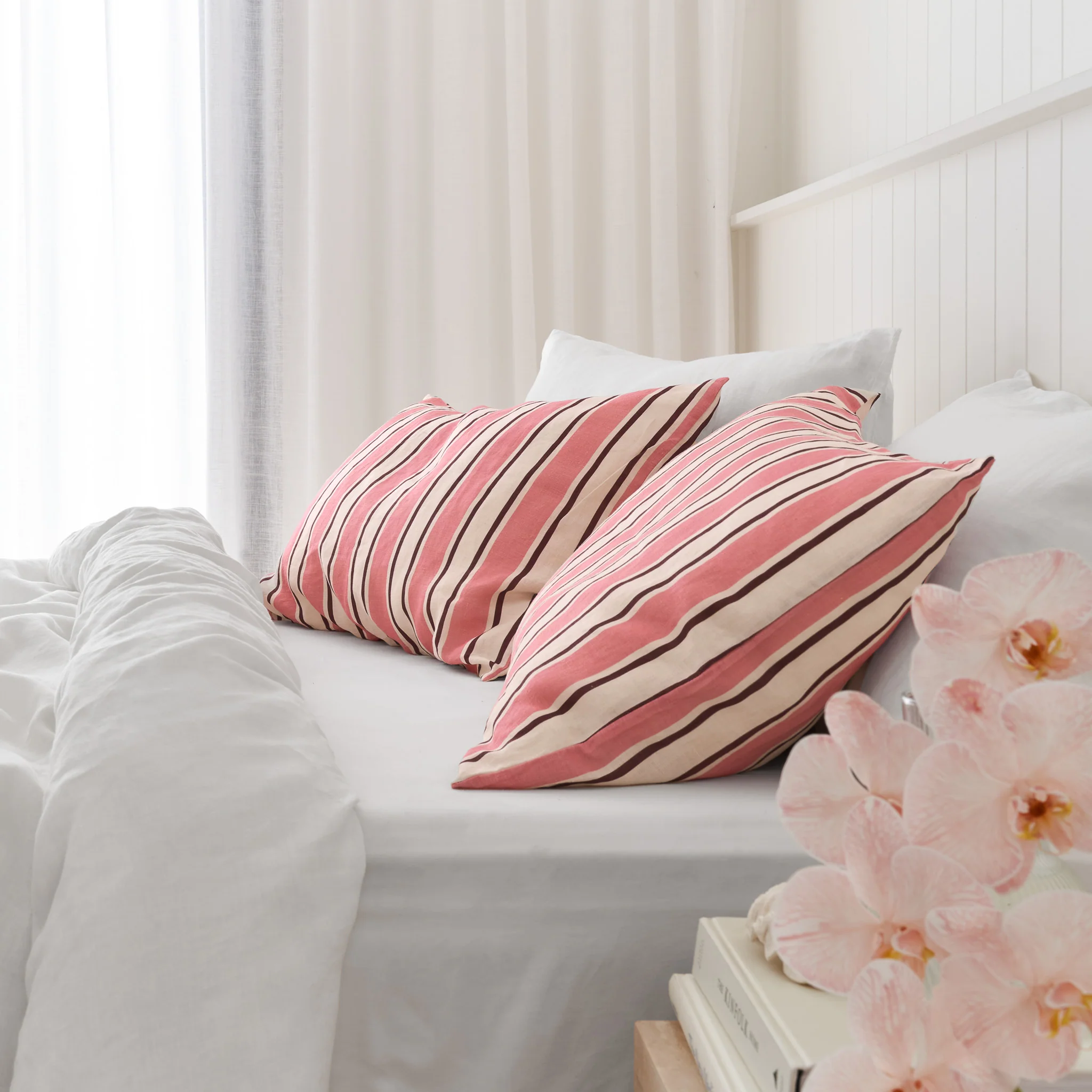 French Flax Linen Pillowcase Set in Pink Stripe - Image 7
