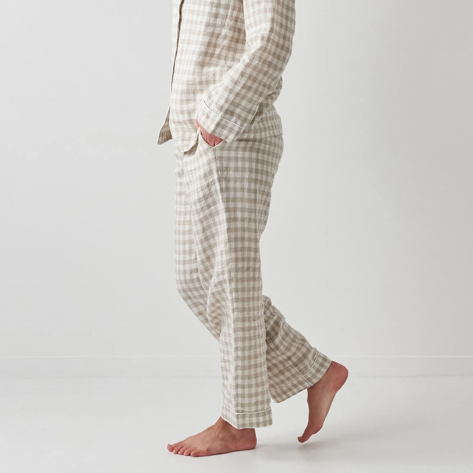 French Flax Linen Pyjama Set in Beige Gingham - Image 6