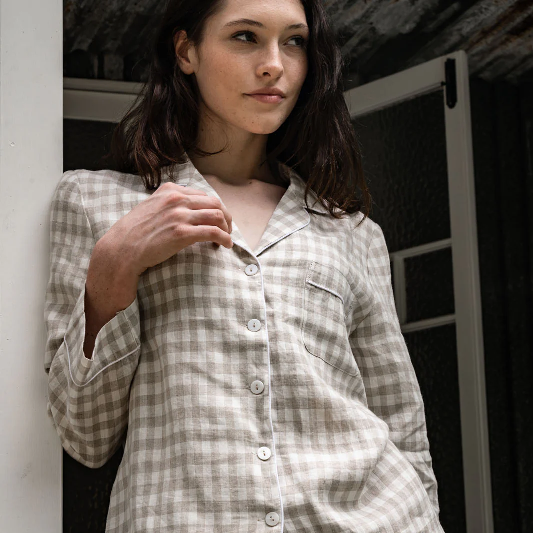 French Flax Linen Pyjama Set in Beige Gingham - Image 8