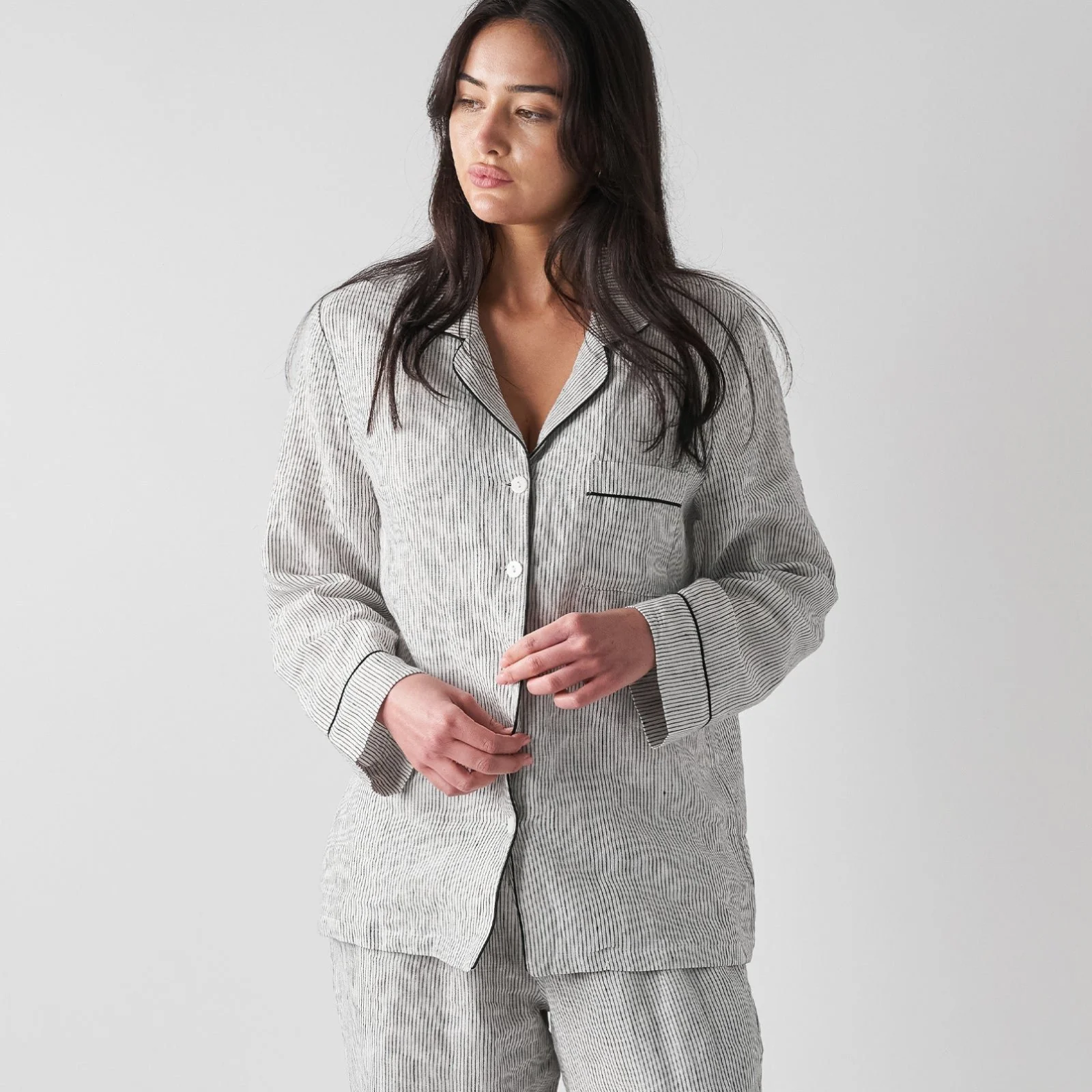 French Flax Linen Pyjama Set in Pinstripe - Image 5