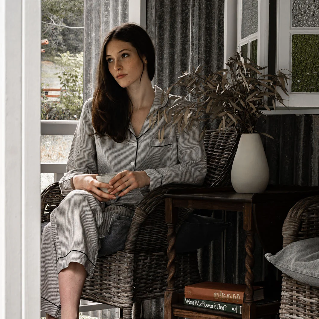 French Flax Linen Pyjama Set in Pinstripe - Image 7