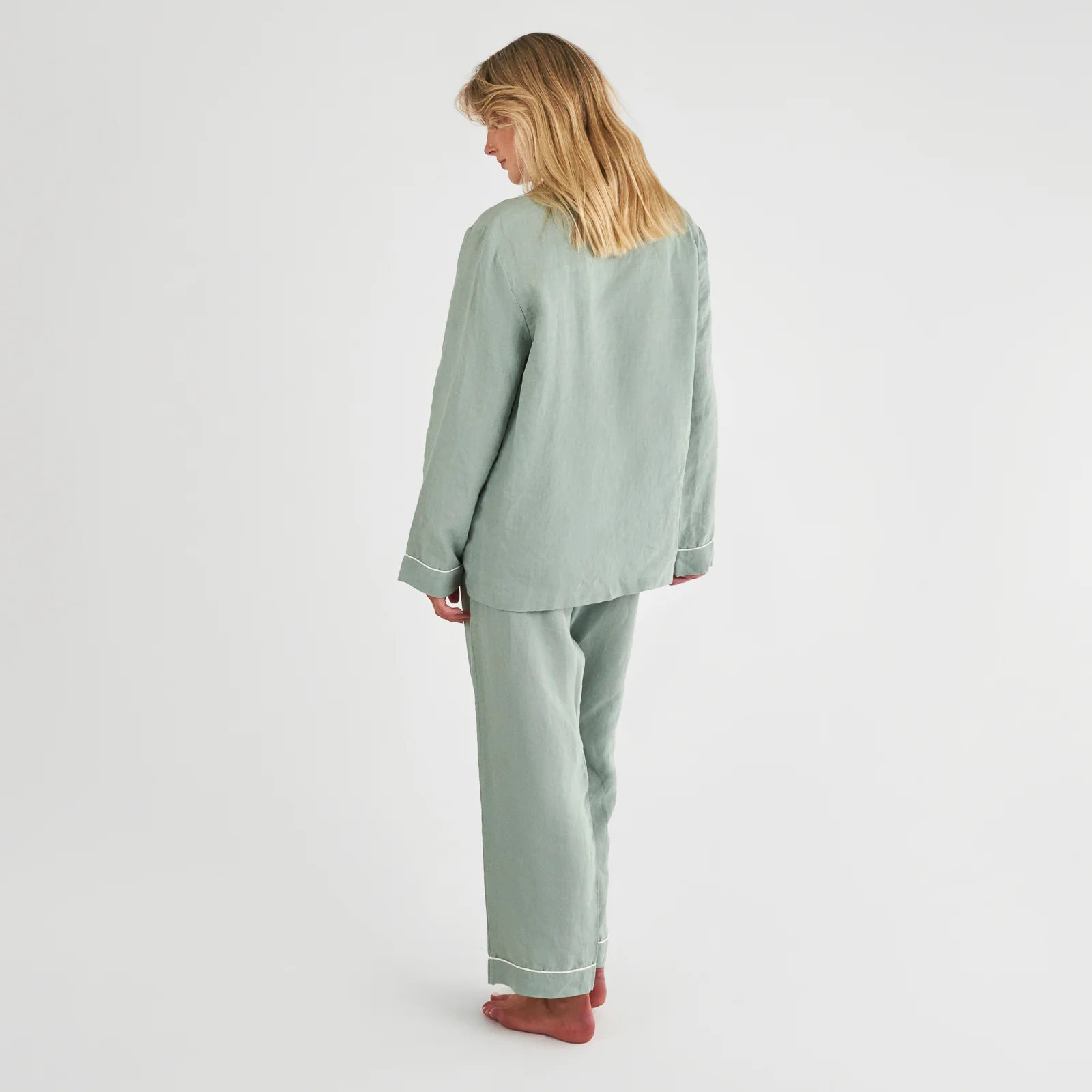 French Flax Linen Pyjama Set in Sage - Image 3