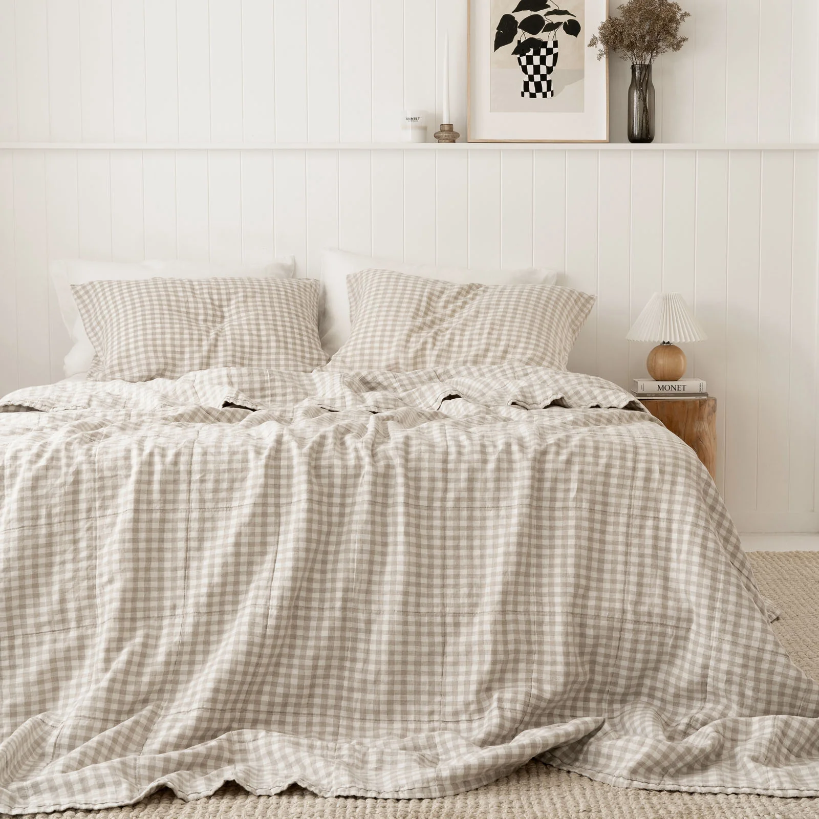 French Flax Linen Queen/King Quilted Coverlet in Beige Gingham