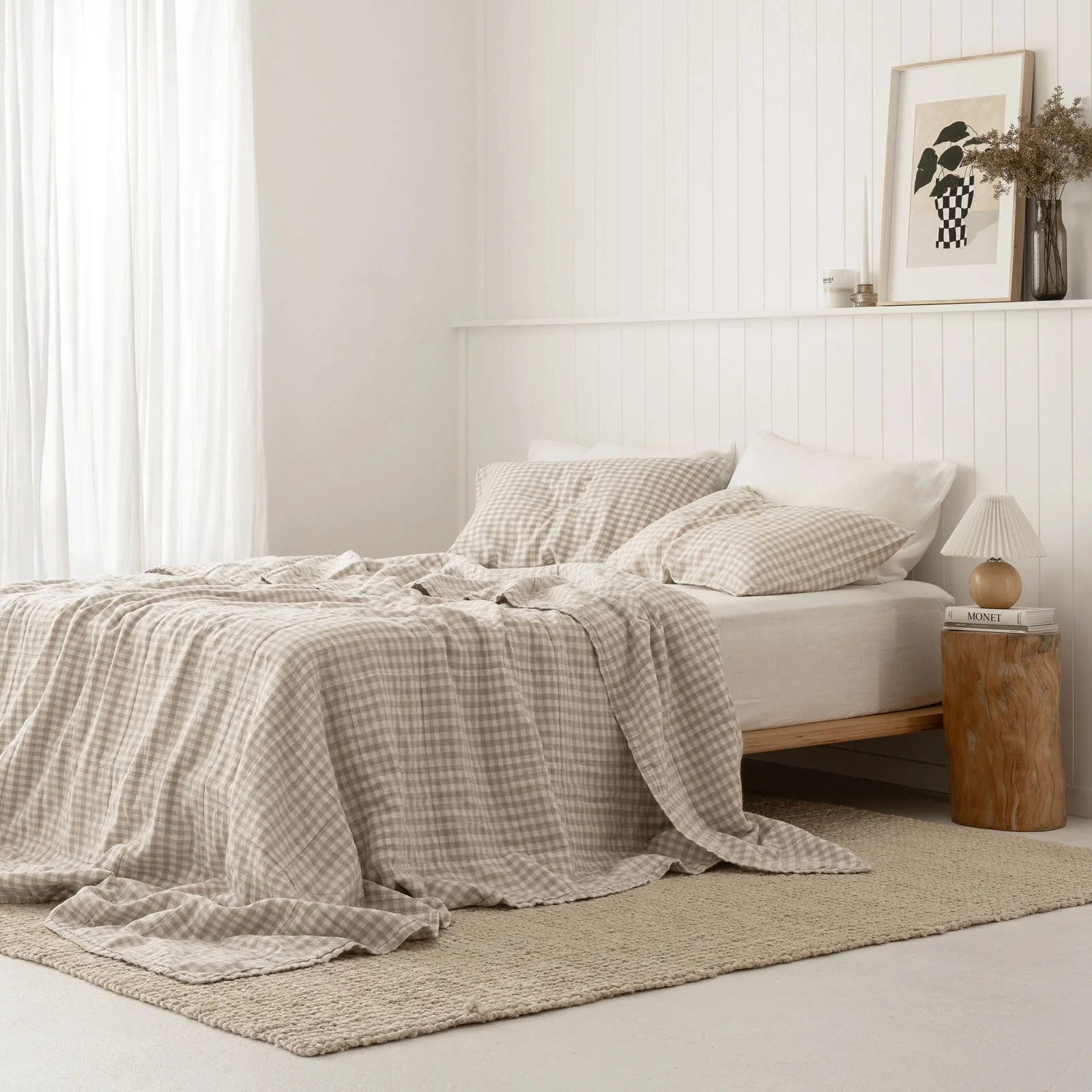 French Flax Linen Queen/King Quilted Coverlet in Beige Gingham - Image 3
