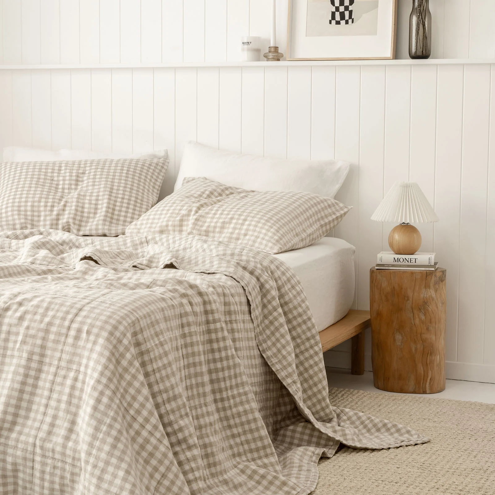 French Flax Linen Queen/King Quilted Coverlet in Beige Gingham - Image 4