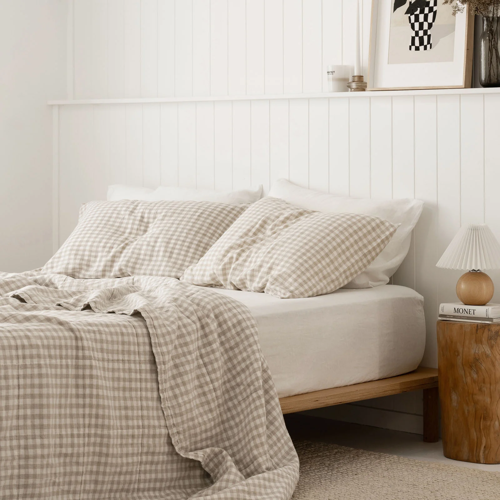 French Flax Linen Queen/King Quilted Coverlet in Beige Gingham - Image 8
