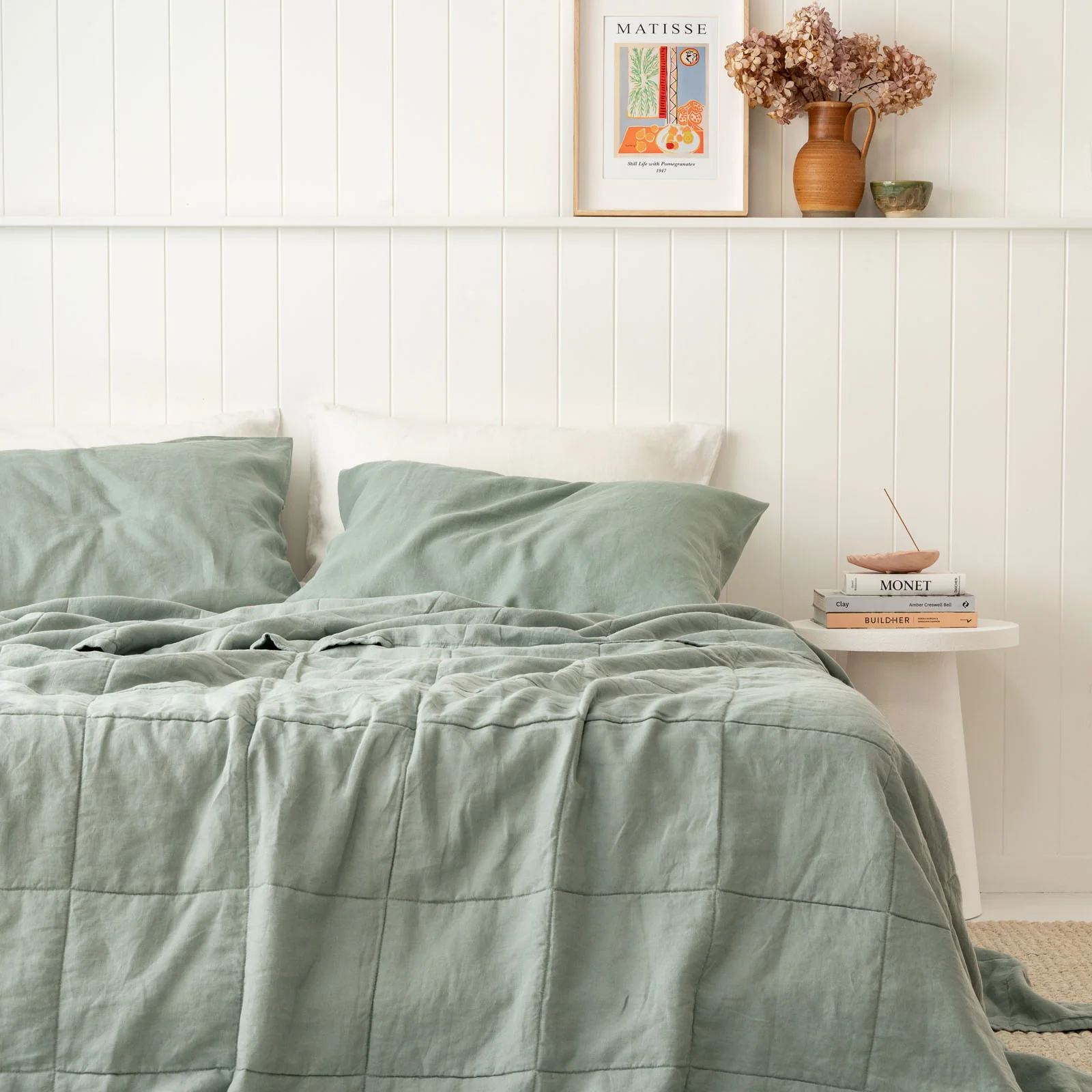 French Flax Linen Queen/King Quilted Coverlet in Sage - Image 2