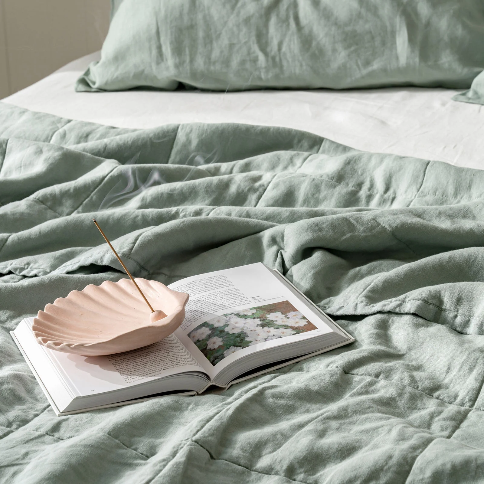 French Flax Linen Queen/King Quilted Coverlet in Sage - Image 5