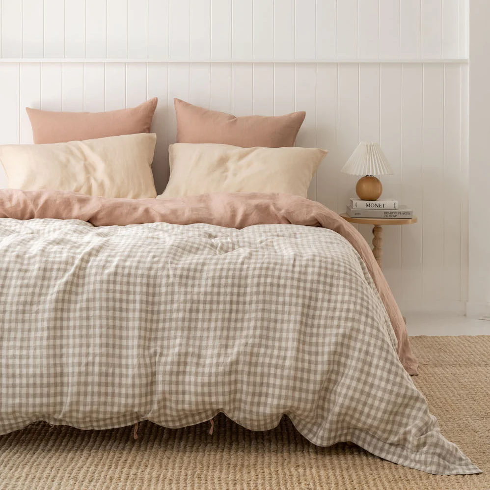 French Flax Linen Quilt Cover in Beige Gingham - Image 10