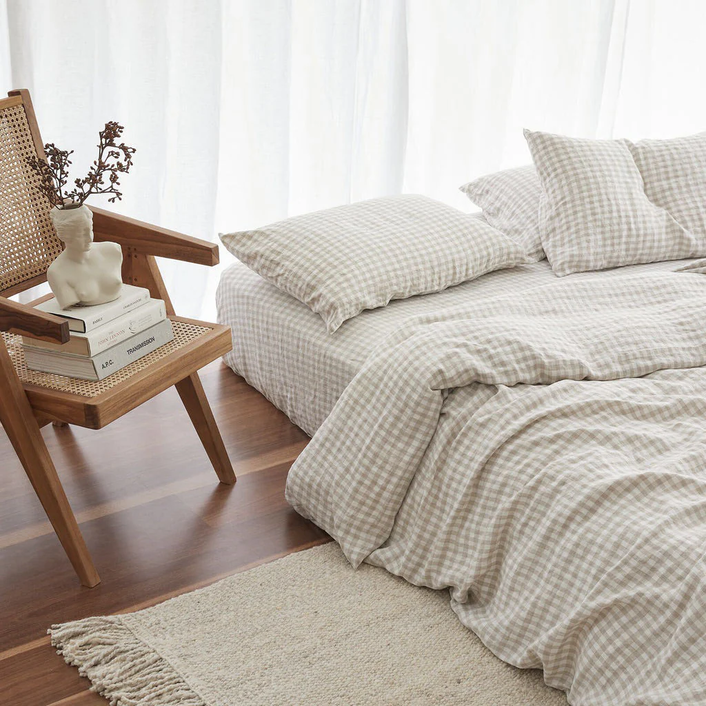 French Flax Linen Quilt Cover in Beige Gingham - Image 8