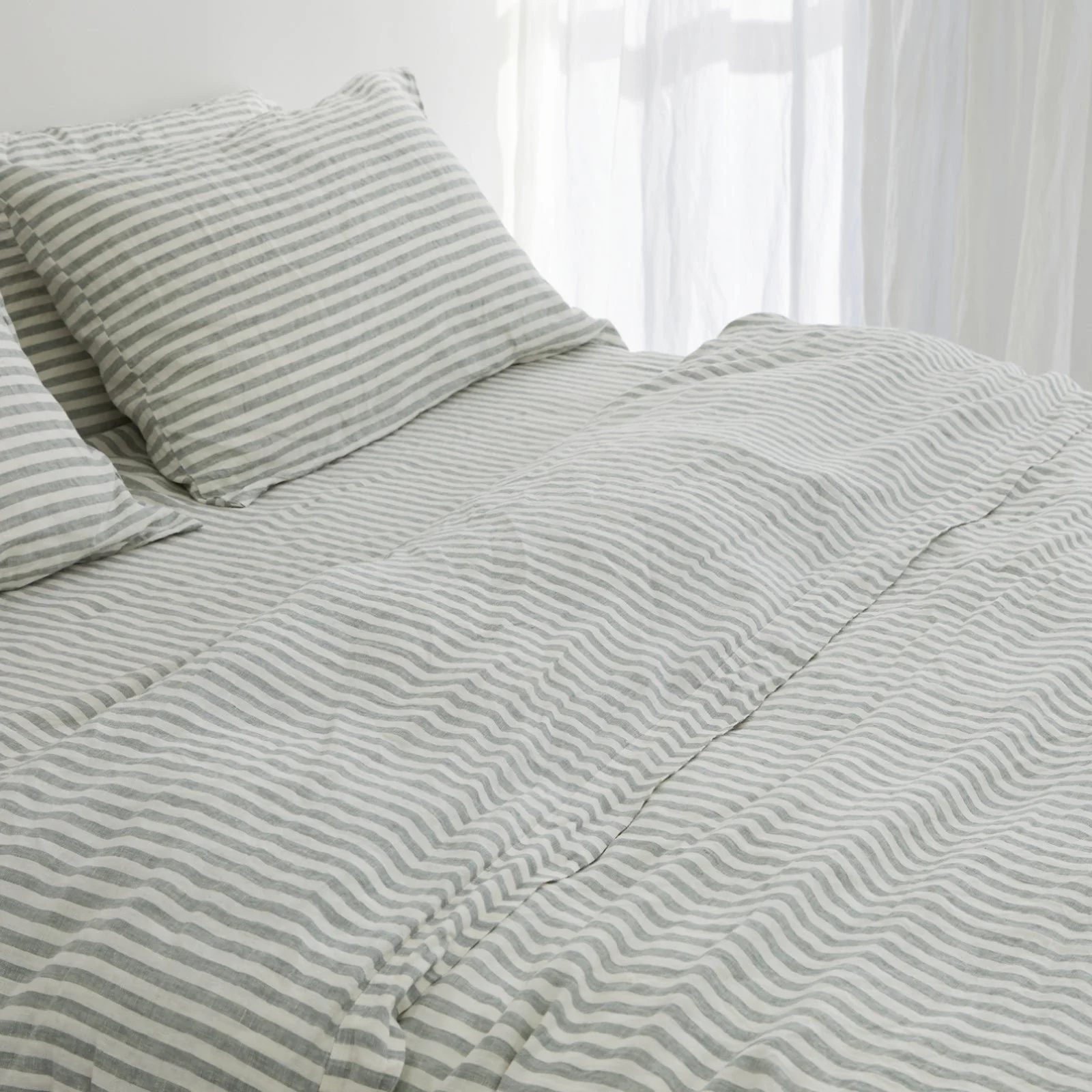 French Flax Linen Quilt Cover in Sage Stripe - Image 4