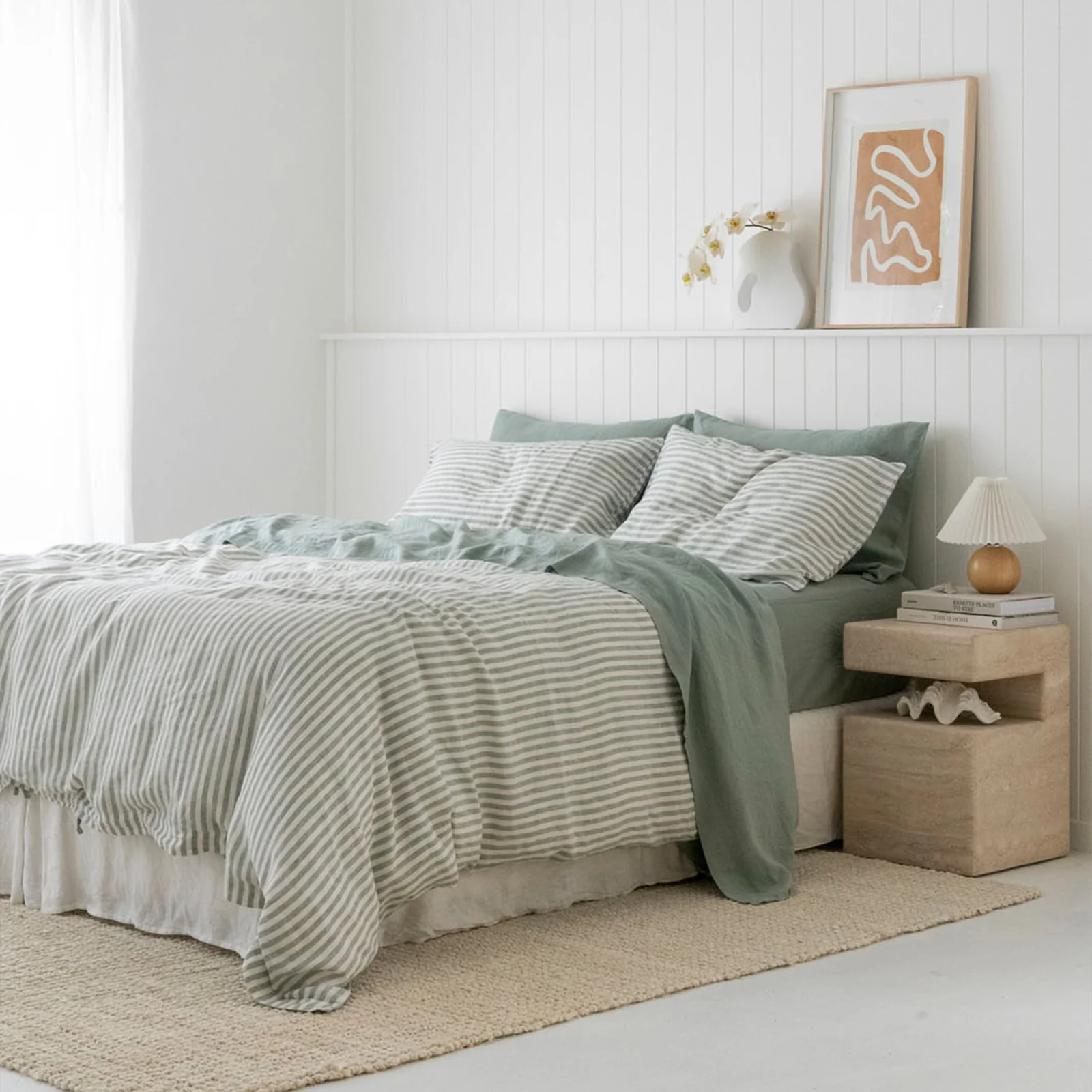 French Flax Linen Quilt Cover in Sage Stripe - Image 9