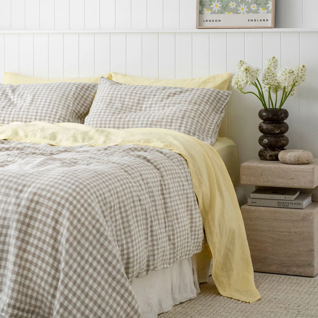 French Flax Linen Quilt Cover Set in Beige Gingham - Image 11