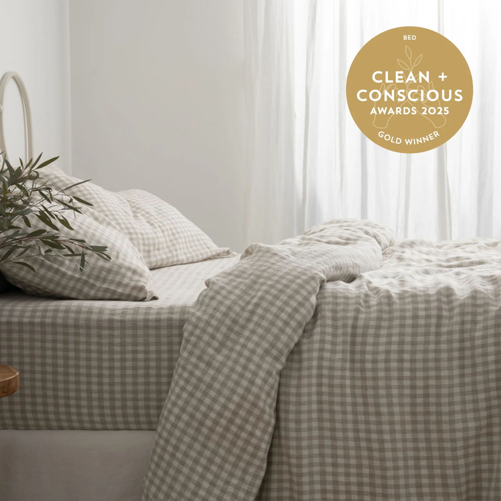 French Flax Linen Quilt Cover Set in Beige Gingham - Image 9