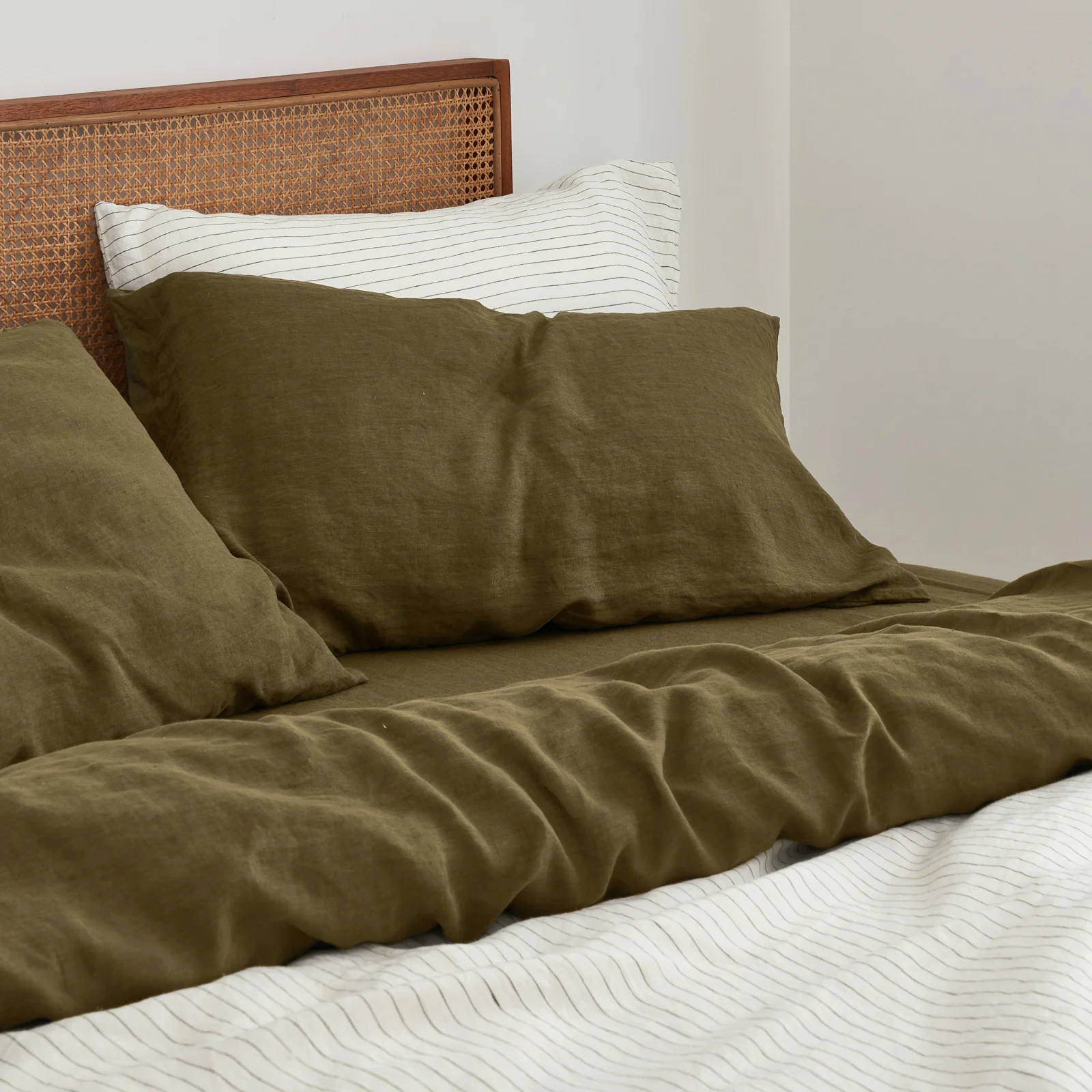 French Flax Linen Quilt Double Sided Cover SET in Olive/Olive Stripe - Image 10