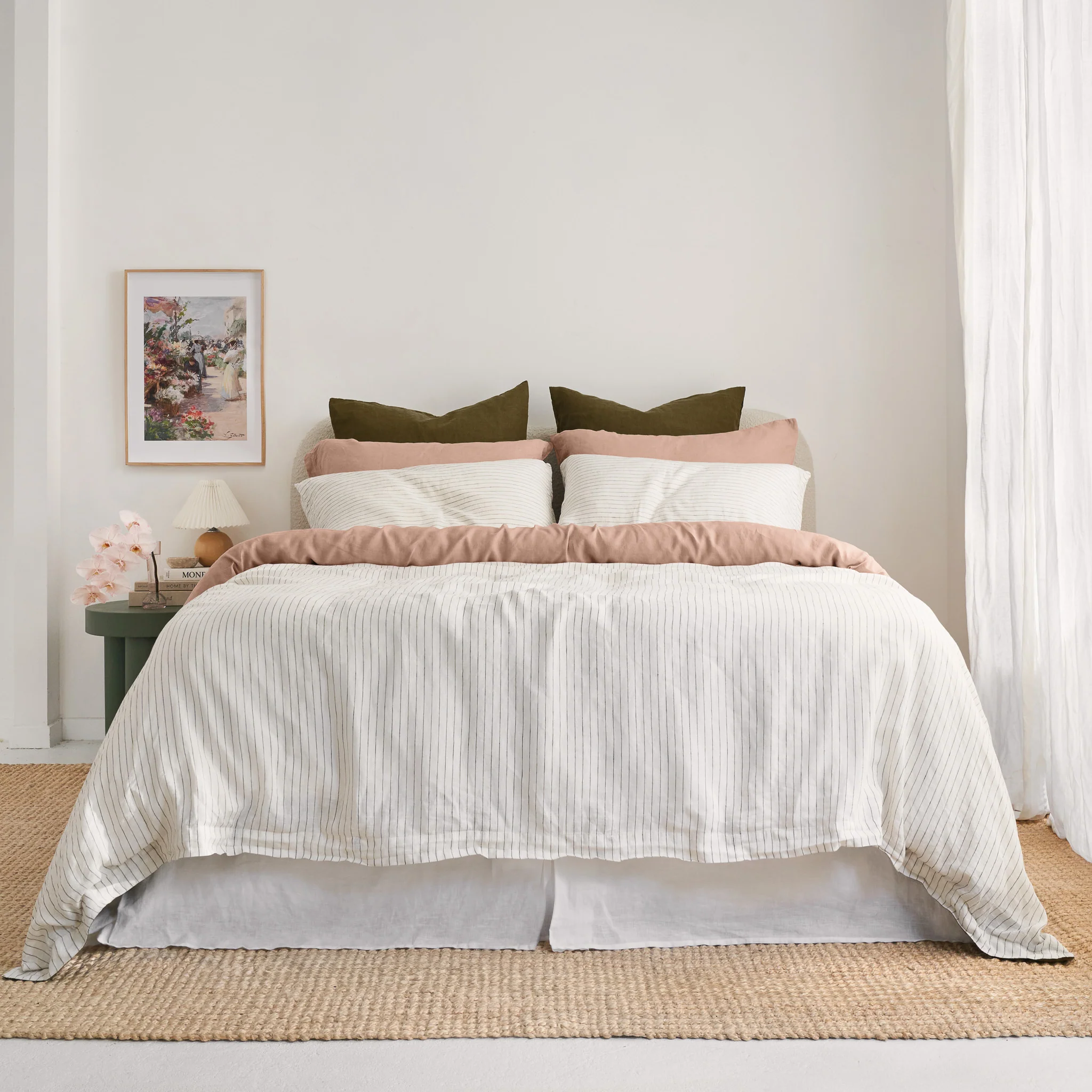 French Flax Linen Quilt Double Sided Cover SET in Olive/Olive Stripe - Image 12