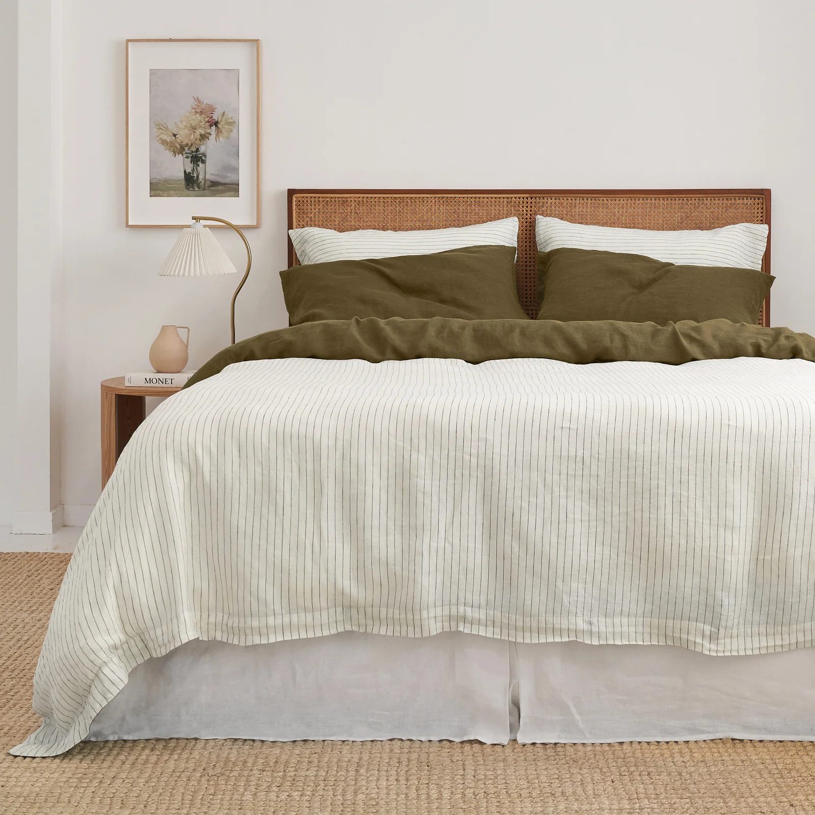 French Flax Linen Quilt Double Sided Cover SET in Olive/Olive Stripe - Image 2