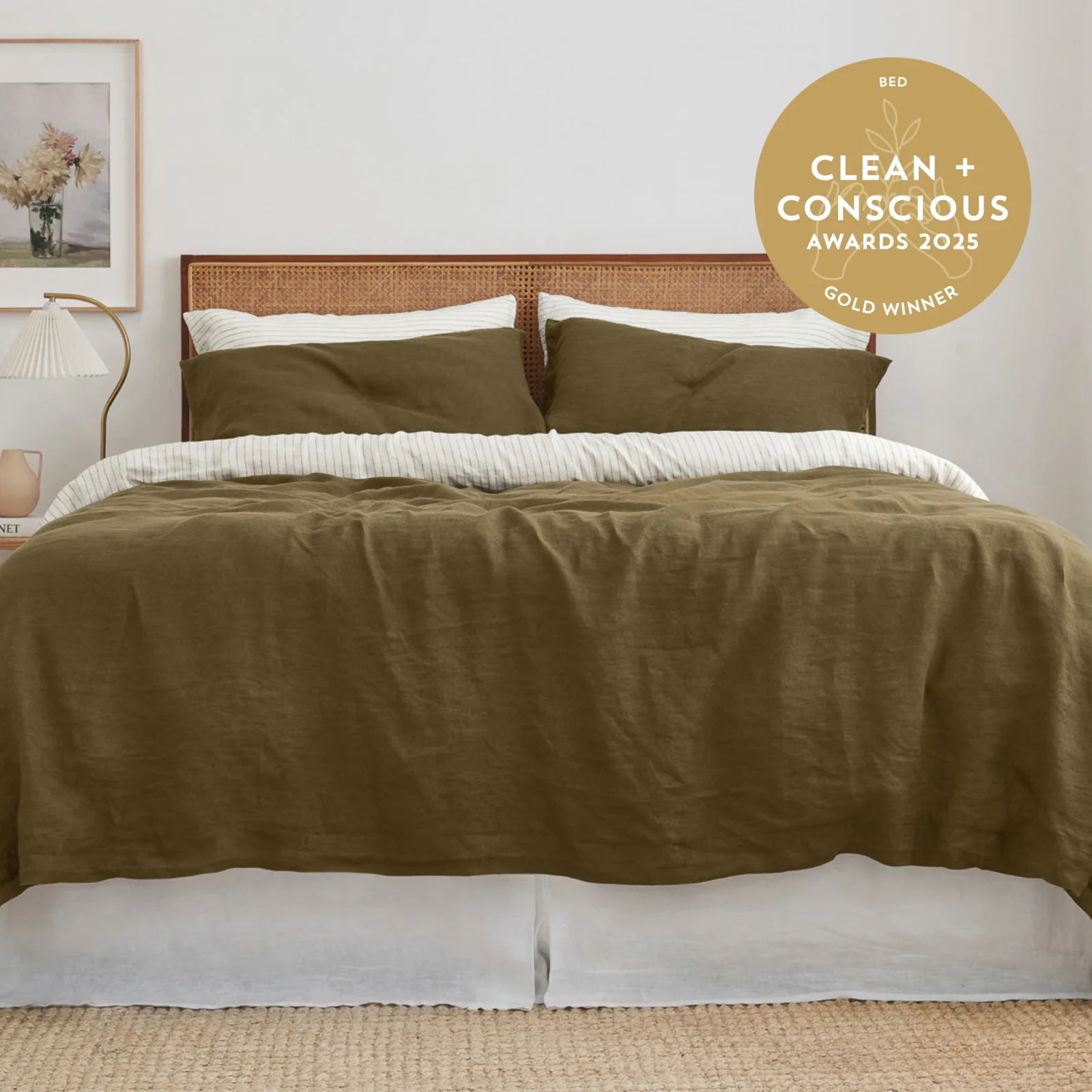 French Flax Linen Double Sided Quilt Cover in Olive/Olive Stripe - Image 4