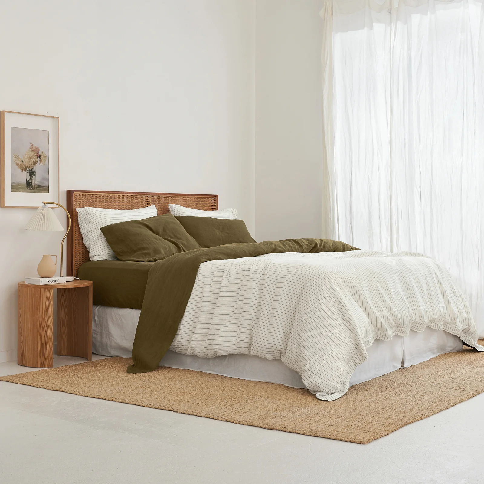French Flax Linen Quilt Double Sided Cover SET in Olive/Olive Stripe - Image 5