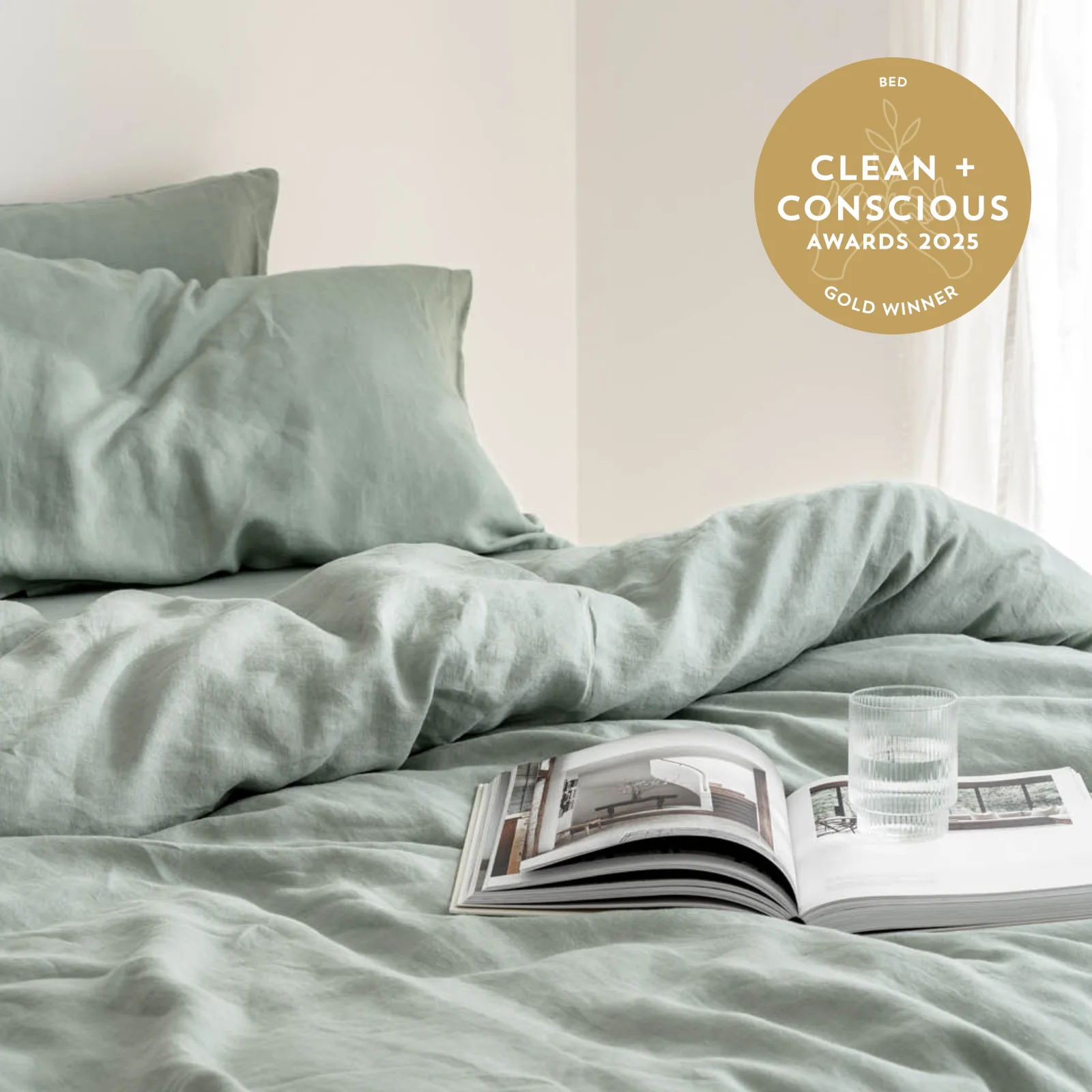 French Flax Linen Quilt Cover Set in Sage - Image 11