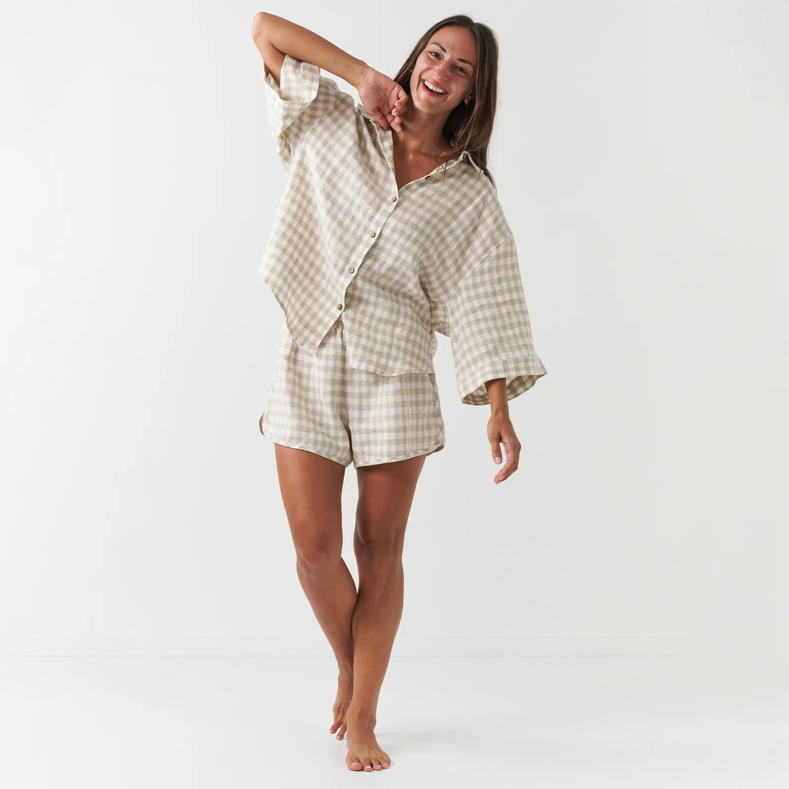 French Flax Linen Relaxed Short in Beige Gingham - Image 3