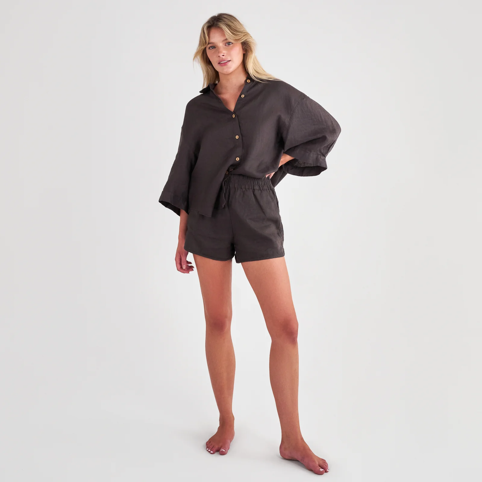French Flax Linen Relaxed Short in Charcoal - Image 6