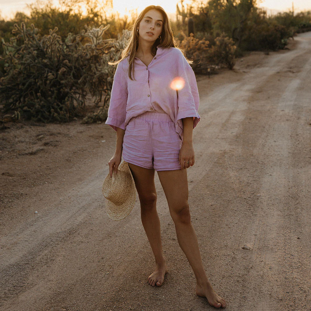 French Flax Linen Relaxed Short in Lilac - Image 8
