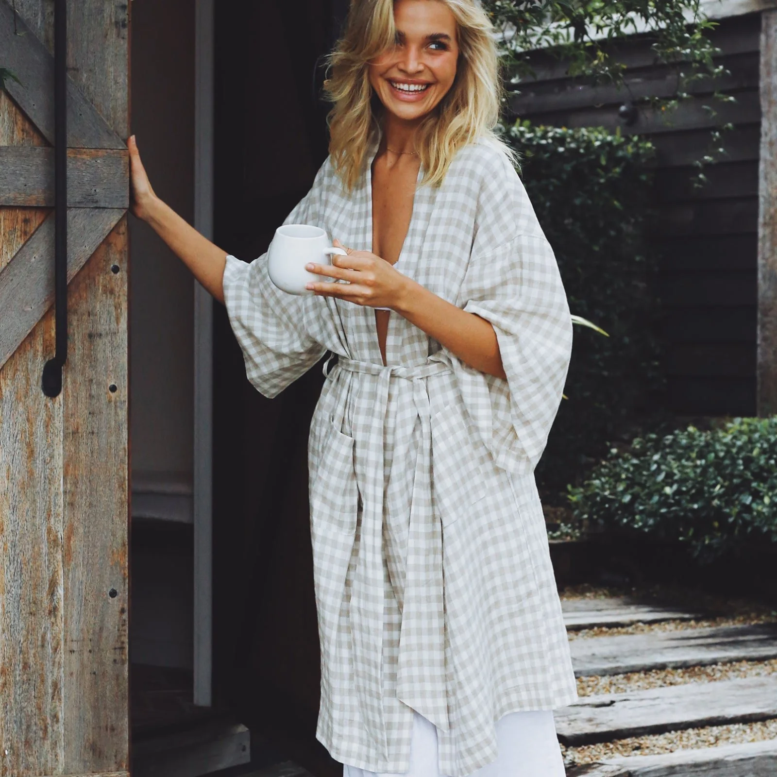 French Flax Linen Robe in Beige Gingham - Image 6