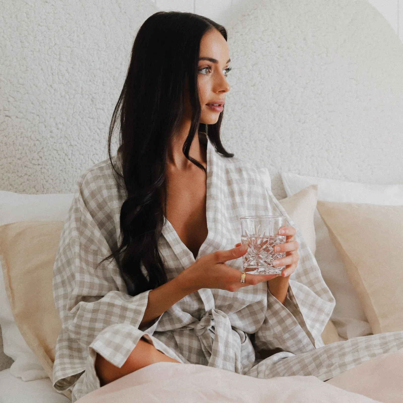 French Flax Linen Robe in Beige Gingham - Image 7