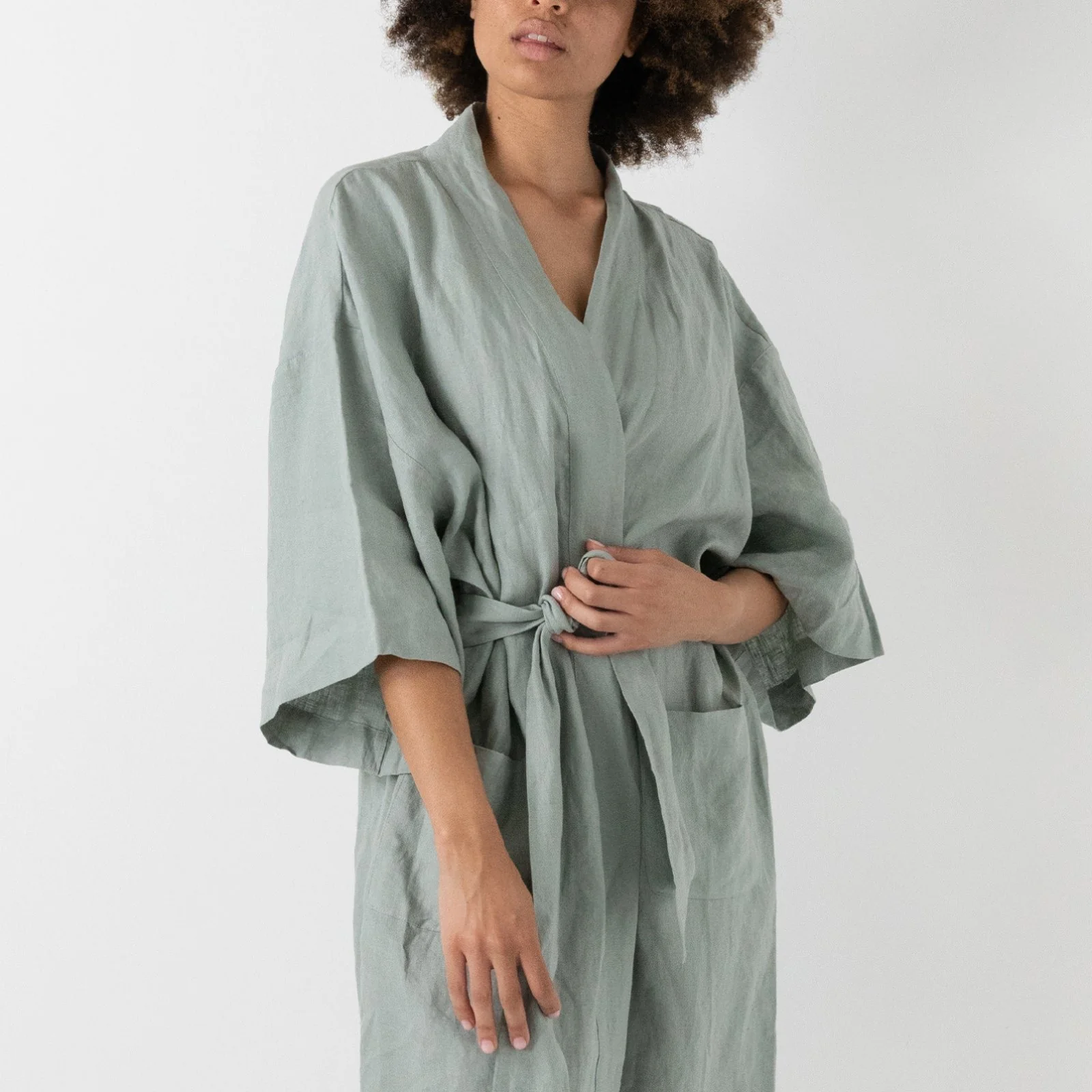 French Flax Linen Robe in Sage - Image 4