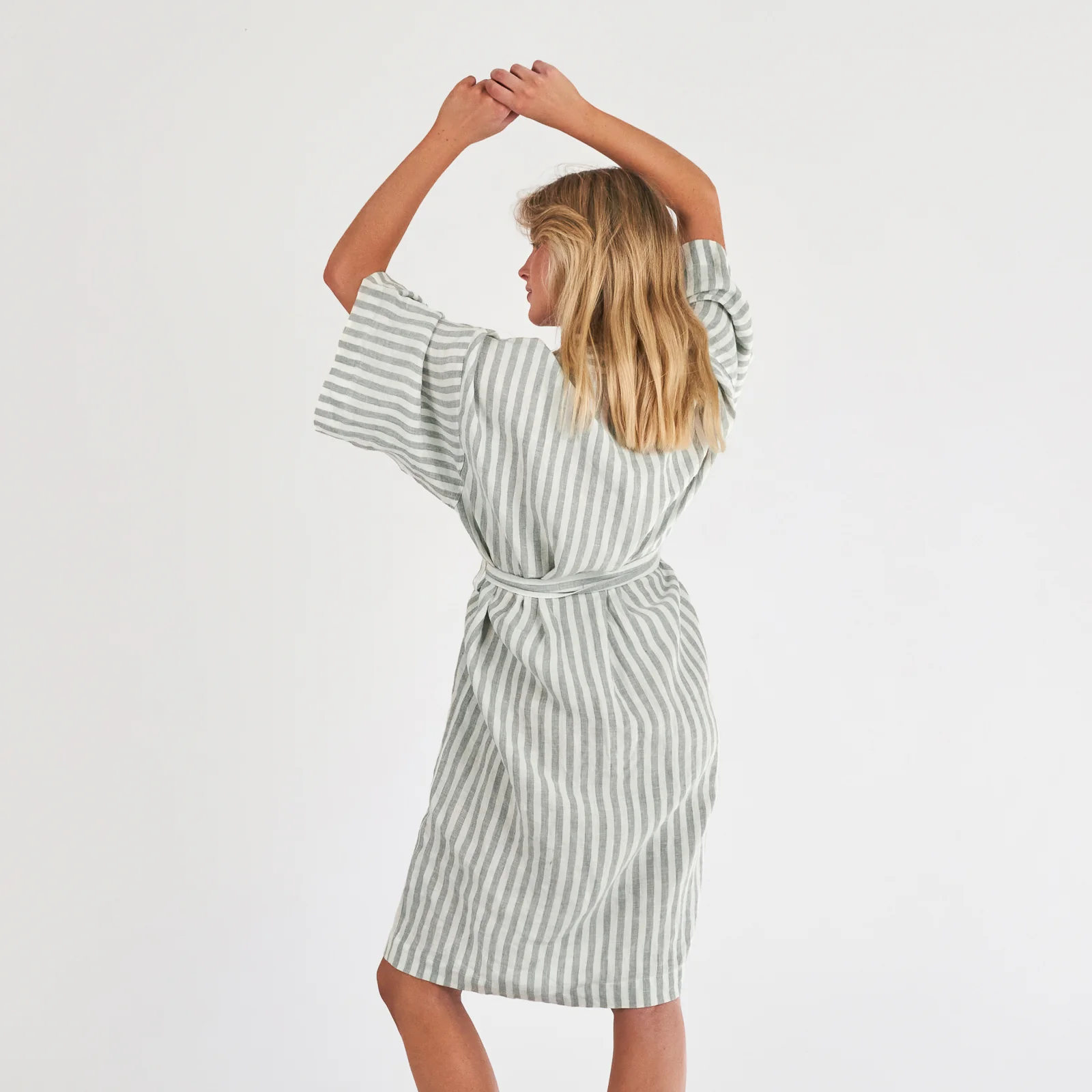 French Flax Linen Robe in Sage Stripe - Image 2