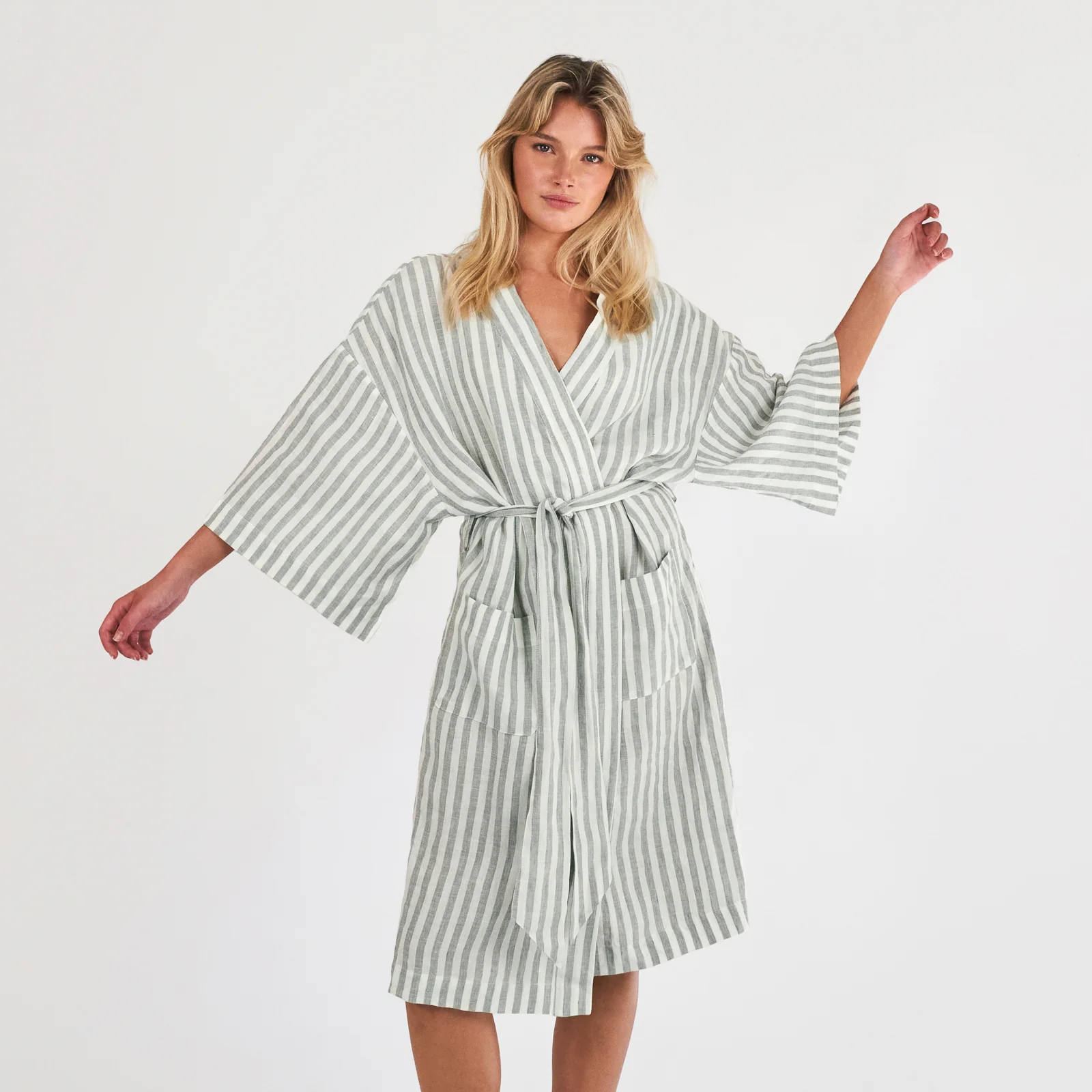 French Flax Linen Robe in Sage Stripe - Image 3