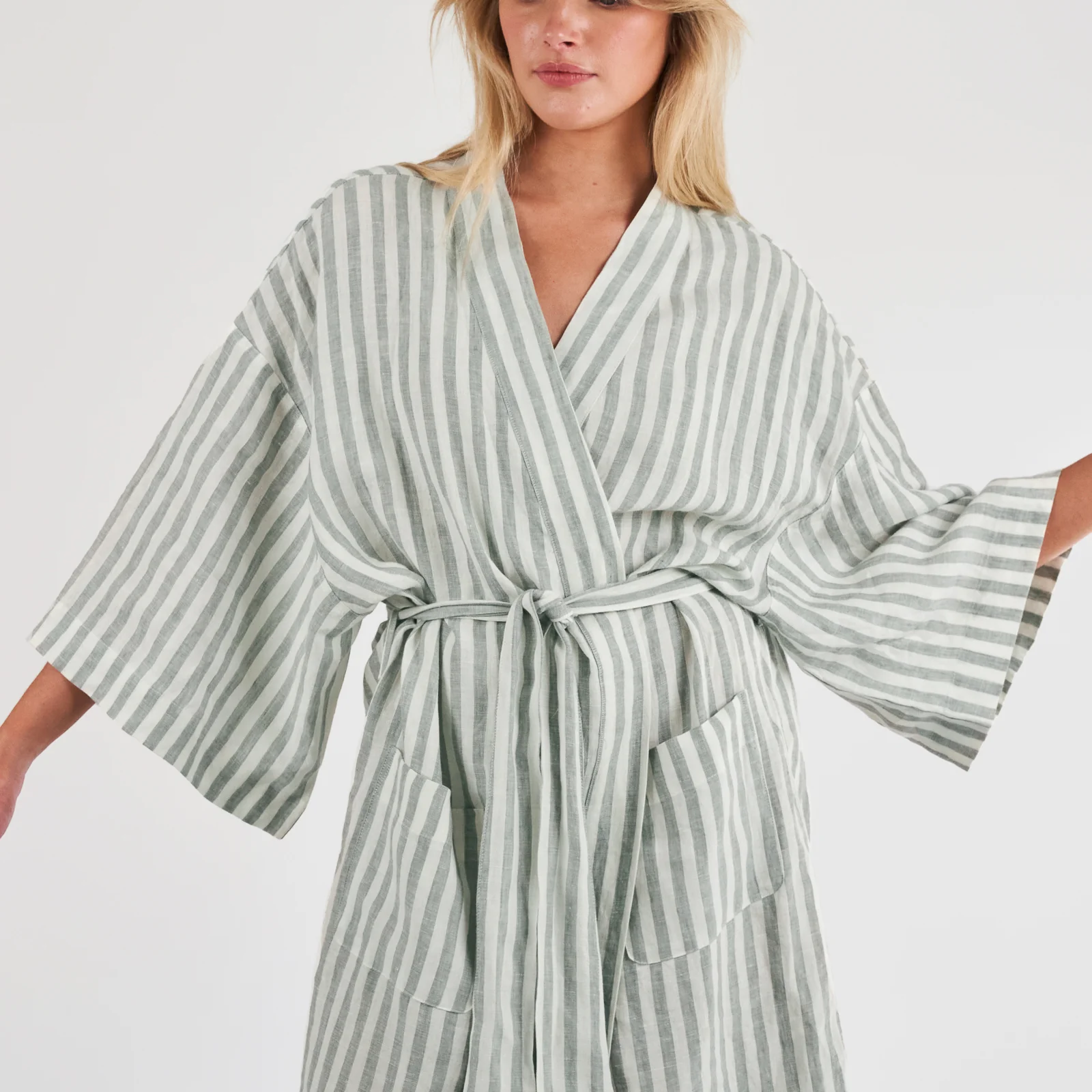 French Flax Linen Robe in Sage Stripe - Image 4