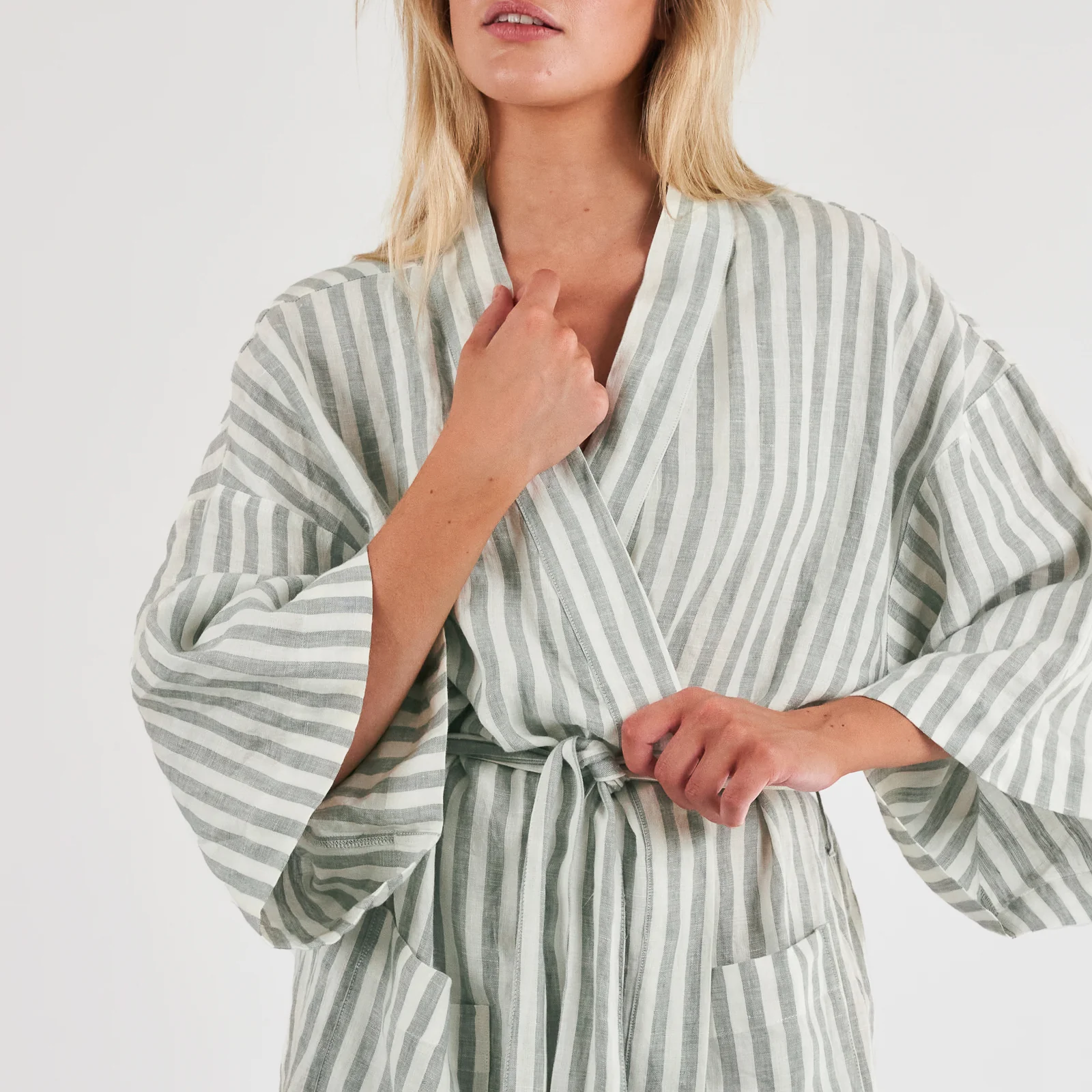 French Flax Linen Robe in Sage Stripe - Image 5