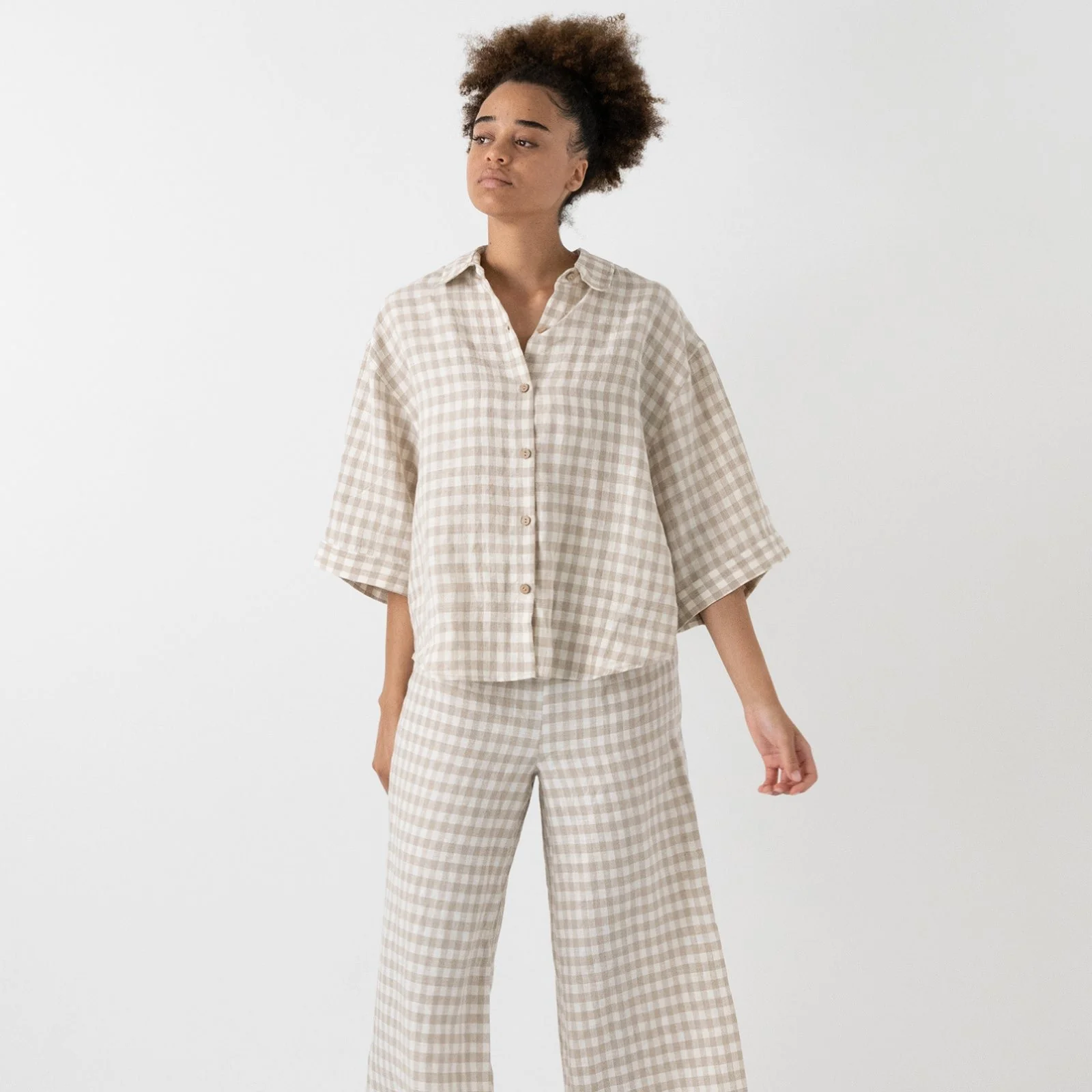 French Flax Linen Ruby Lounge Set in Beige Gingham