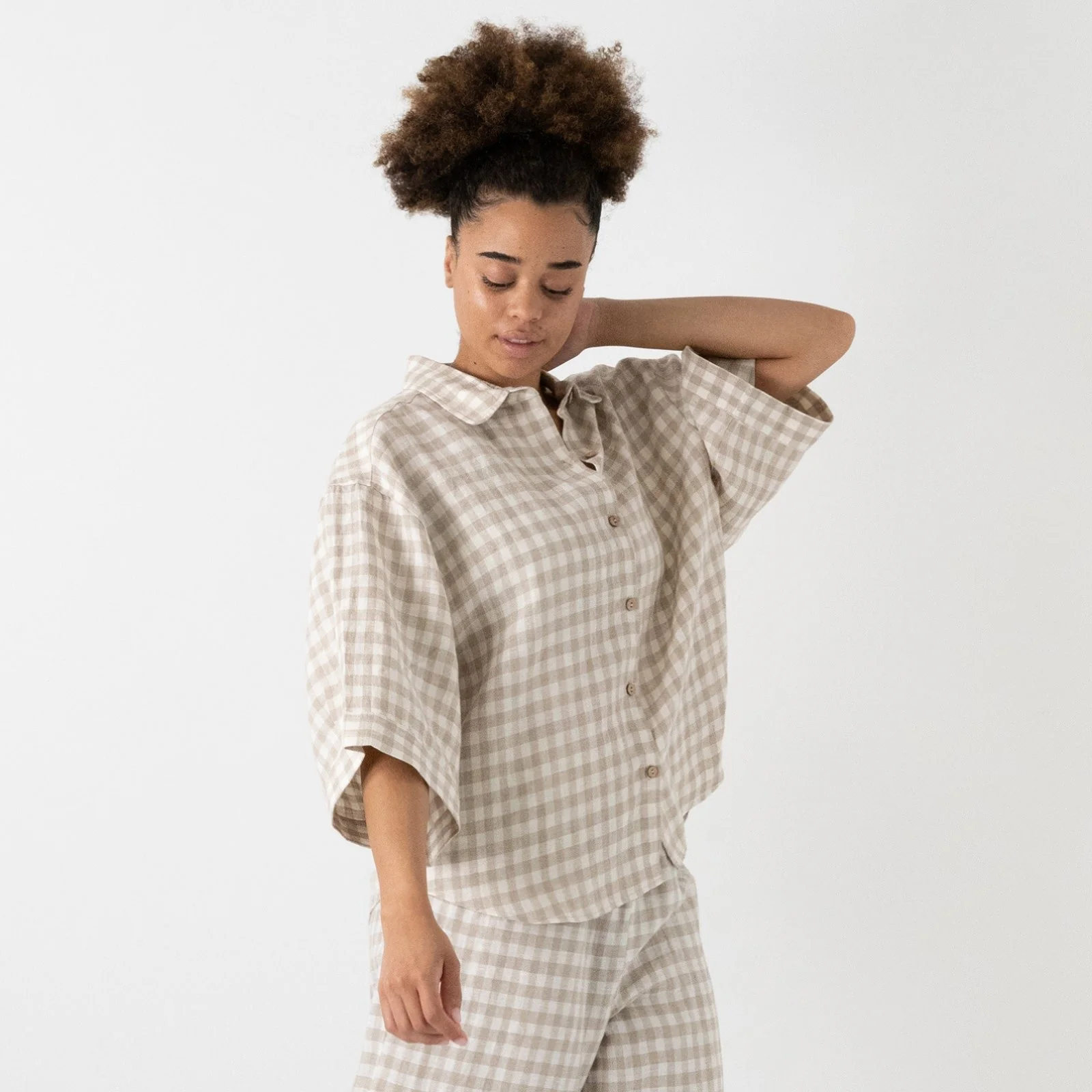 French Flax Linen Ruby Lounge Set in Beige Gingham - Image 4