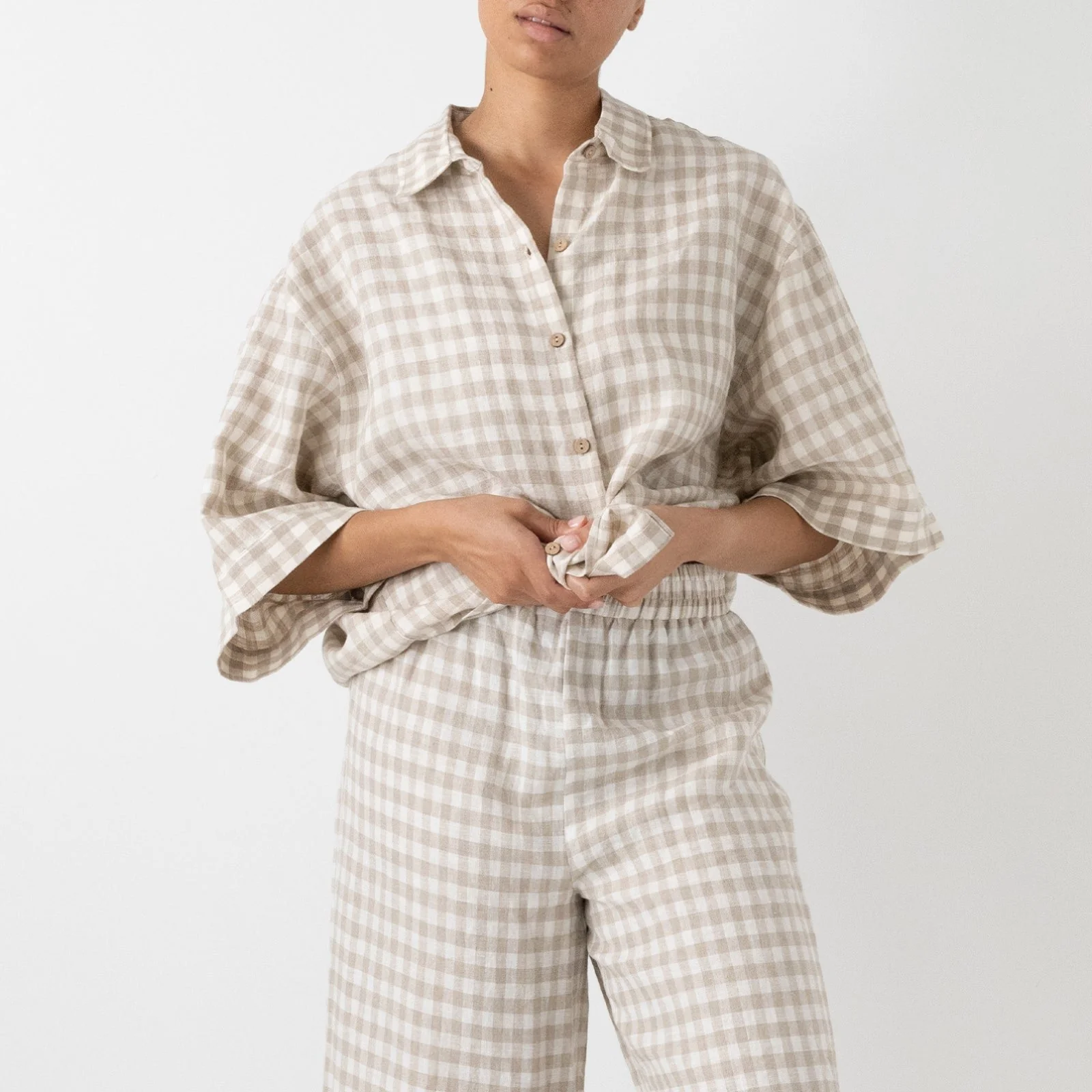French Flax Linen Ruby Lounge Set in Beige Gingham - Image 5