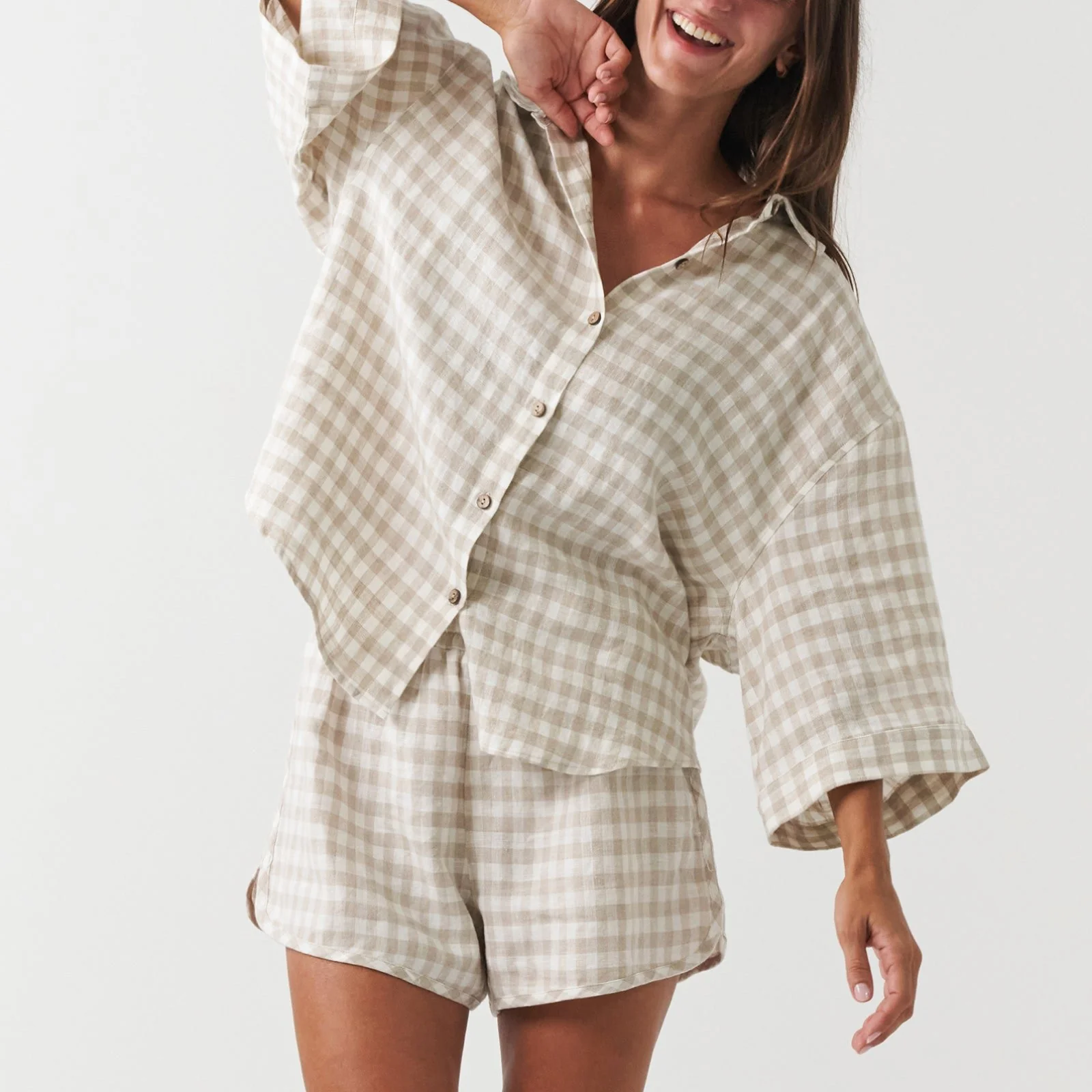 French Flax Linen Ruby Set in Beige Gingham - Image 7