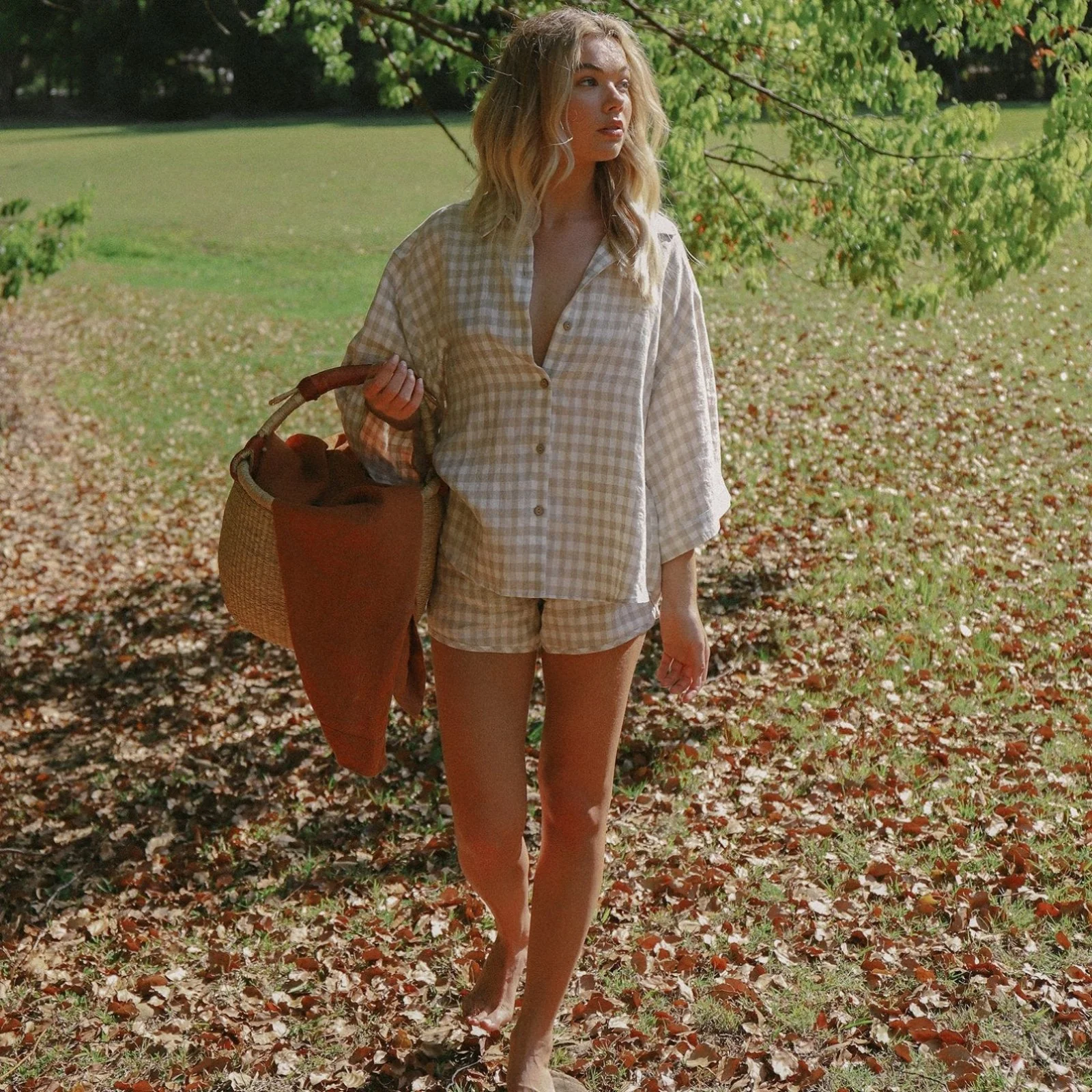 French Flax Linen Ruby Shirt in Beige Gingham - Image 11