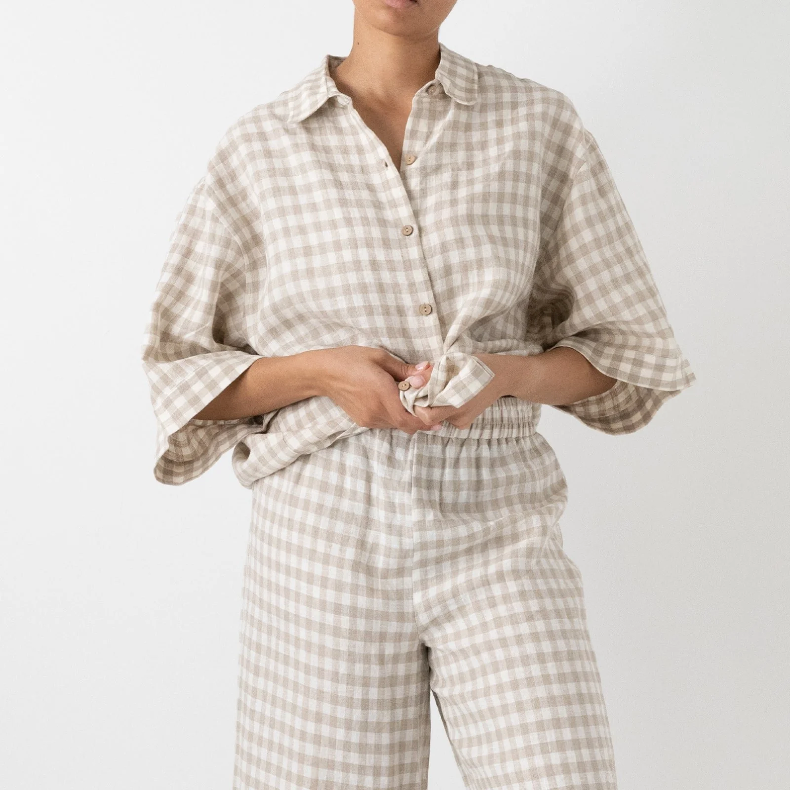 French Flax Linen Ruby Shirt in Beige Gingham - Image 5