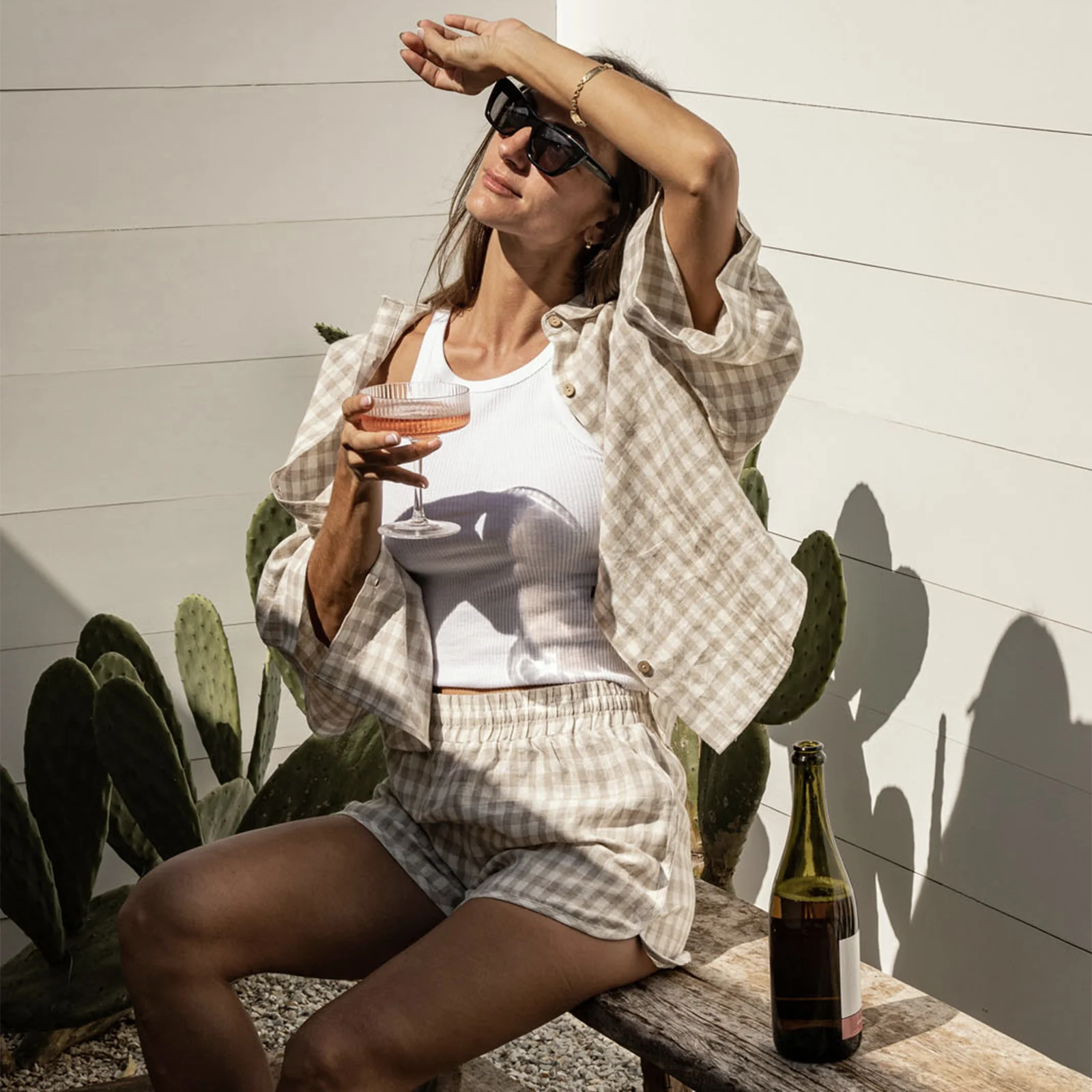 French Flax Linen Ruby Shirt in Beige Gingham - Image 7