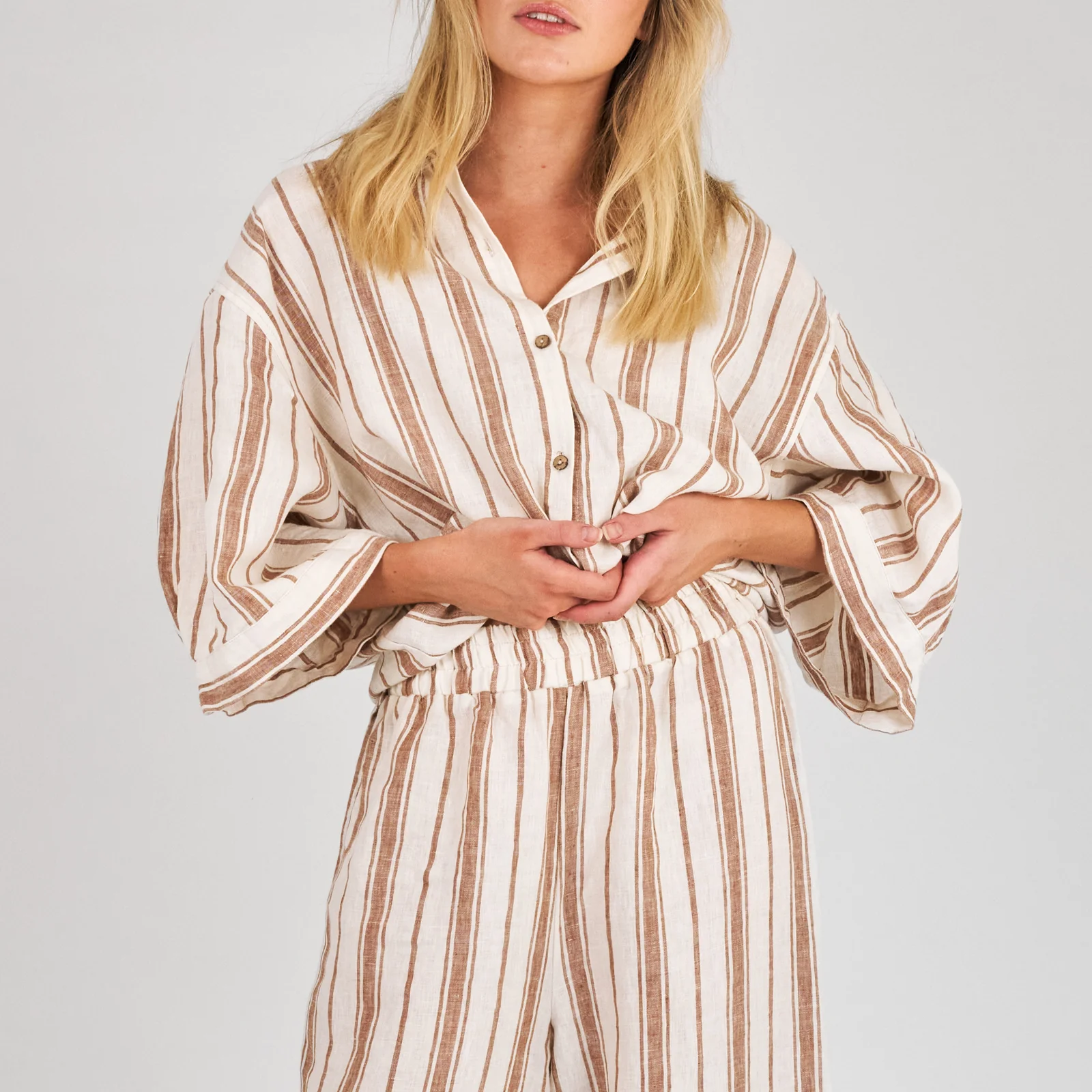 French Flax Linen Ruby Shirt in Hazelnut Stripe - Image 5