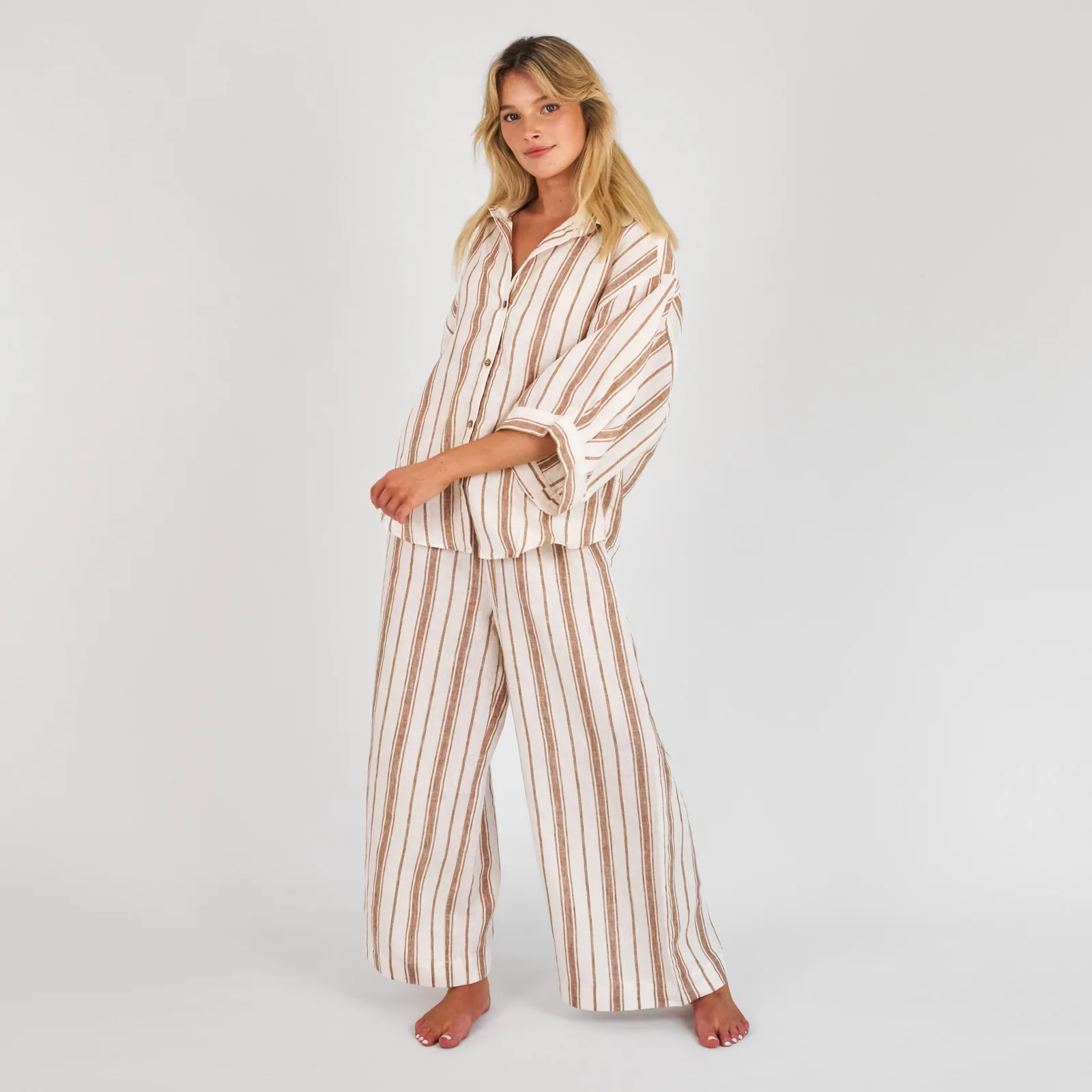 French Flax Linen Ruby Shirt in Hazelnut Stripe - Image 6