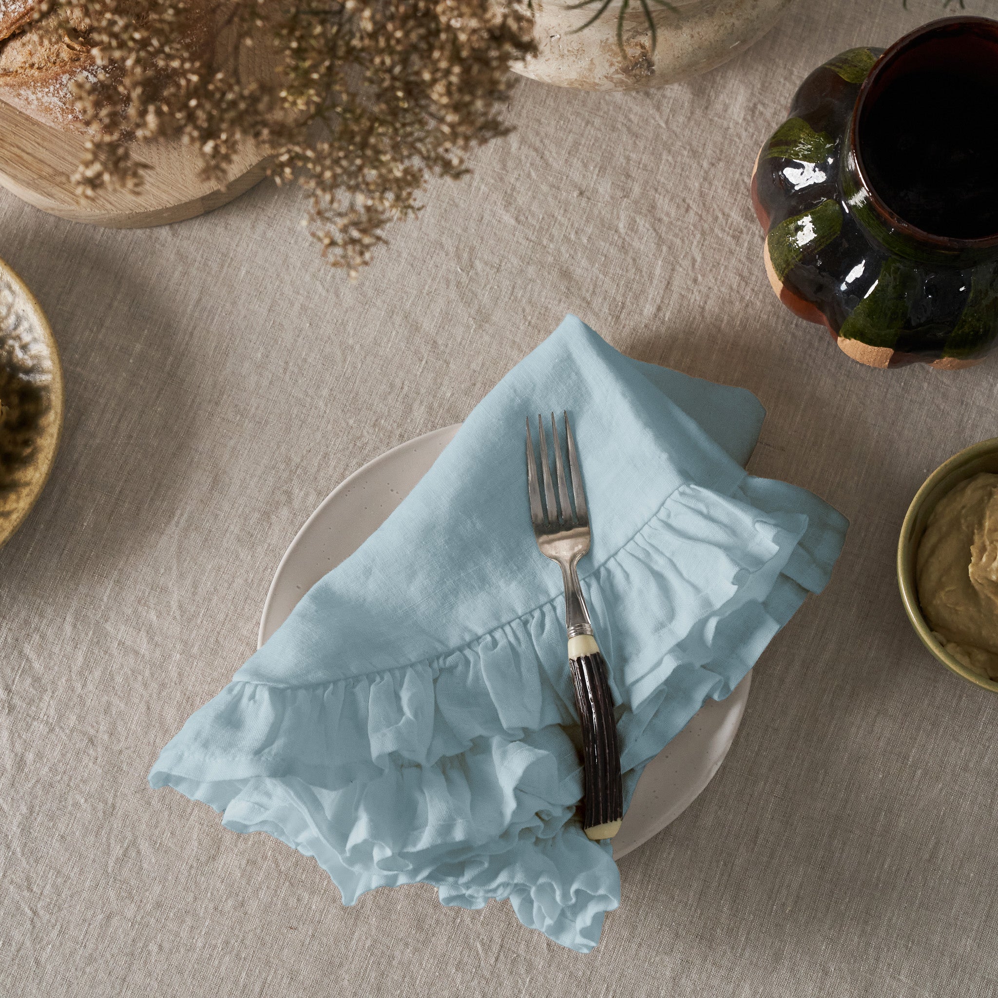 French Flax Linen Ruffles Napkins (Set Of 4) in Sky Blue - Image 6