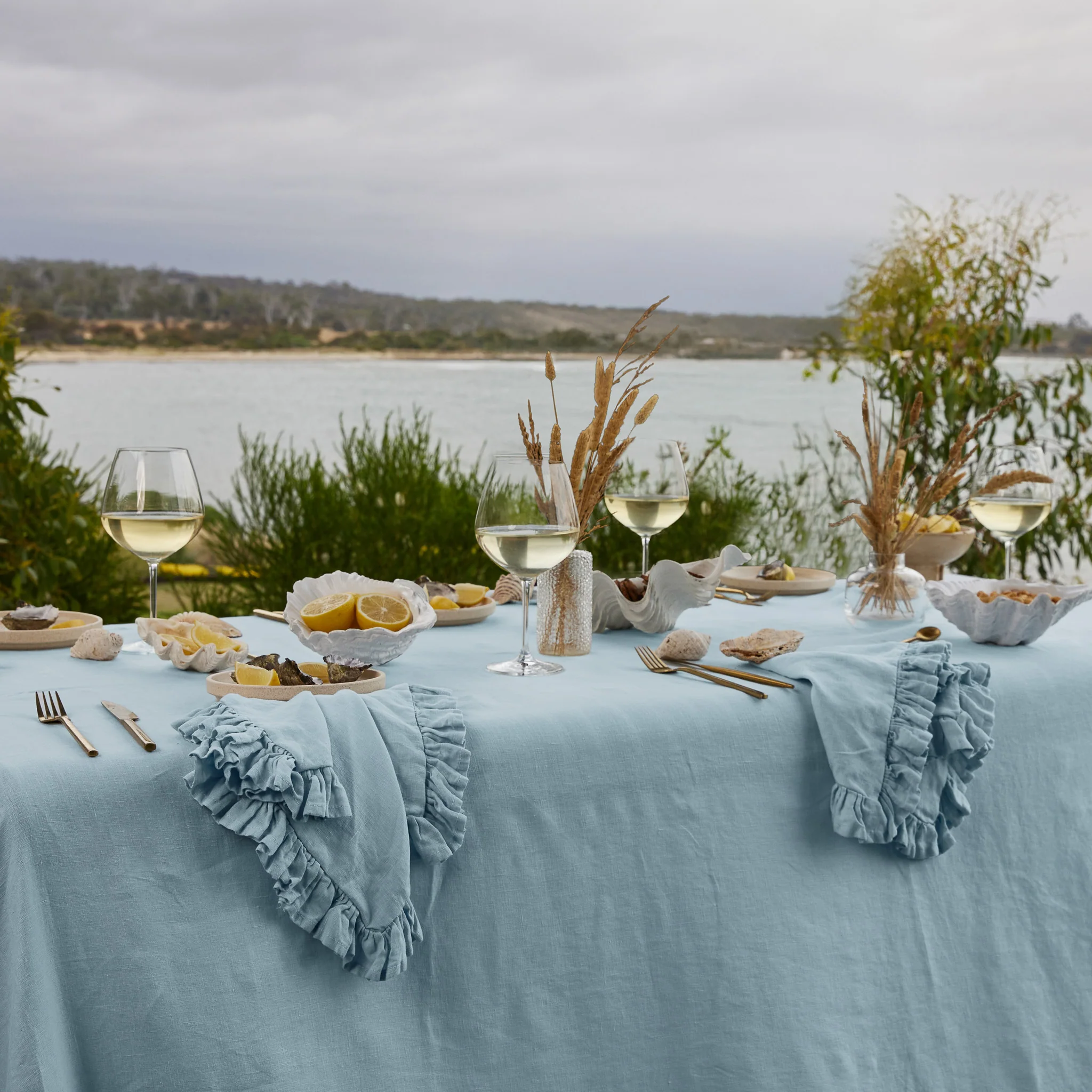 French Flax Linen Ruffles Table Cloth in Sky Blue - Image 10