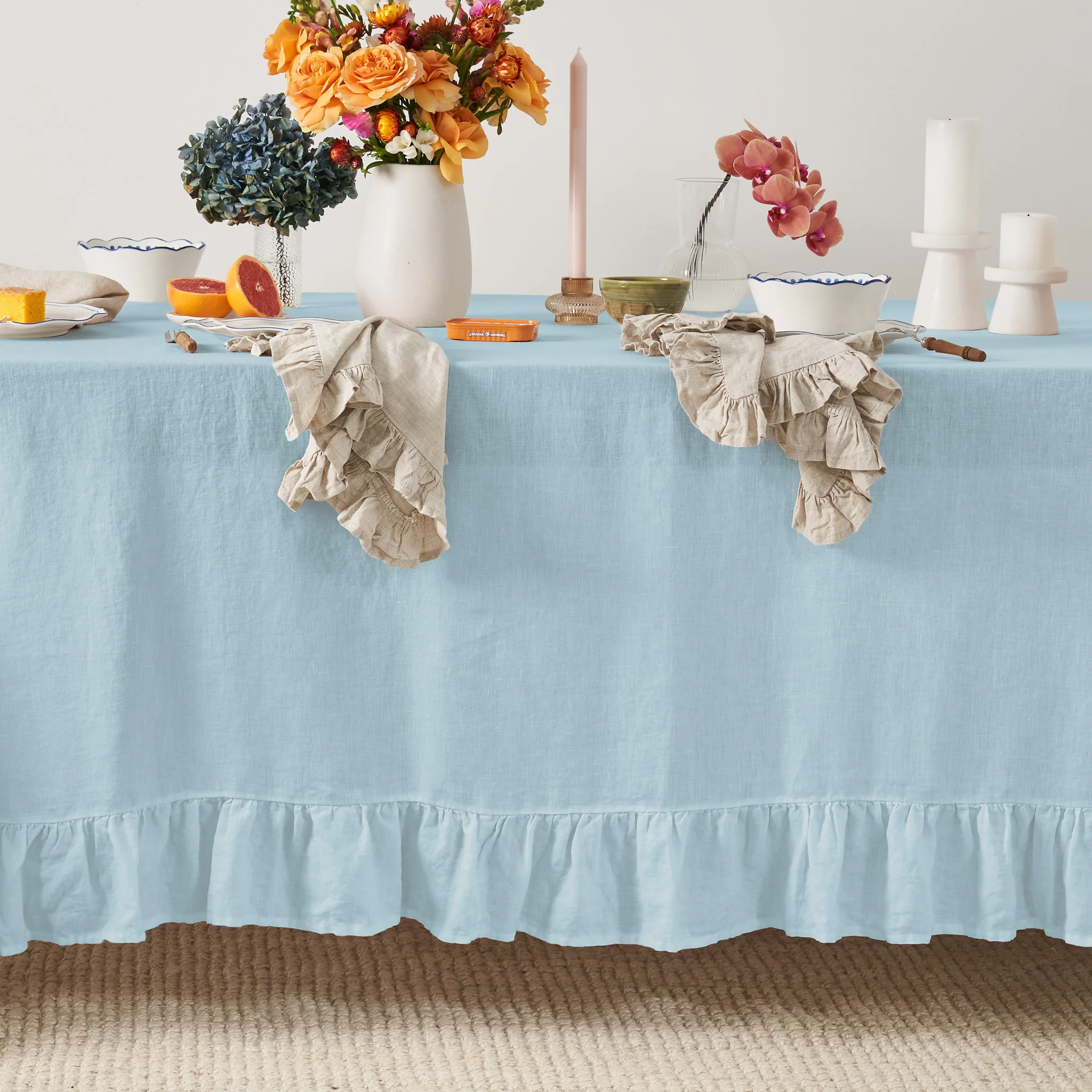 French Flax Linen Ruffles Table Cloth in Sky Blue - Image 2